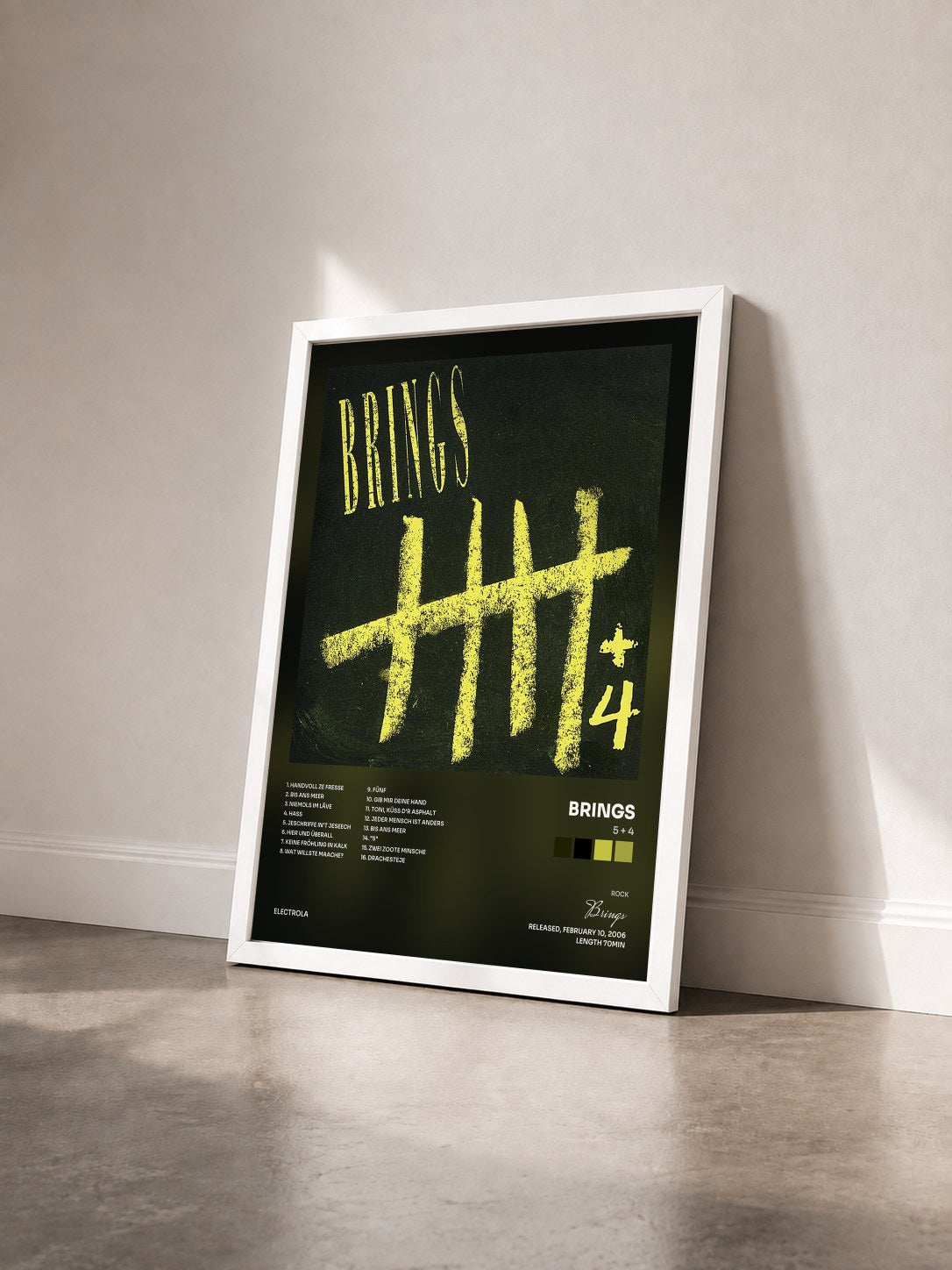 #blanc Tableau de l'album 5 + 4 de Brings vu de trois quarts, cadre blanc