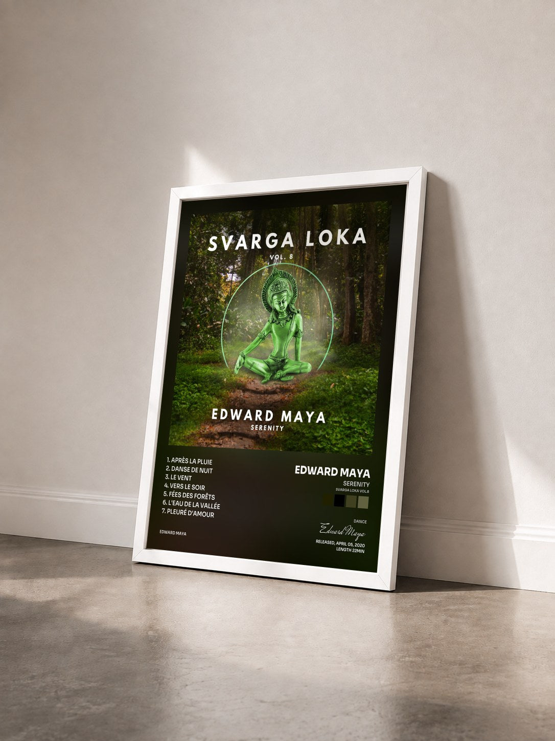 #blanc Tableau de l'album Serenity (Svarga Loka Vol.8) de Edward Maya vu de trois quarts, cadre blanc