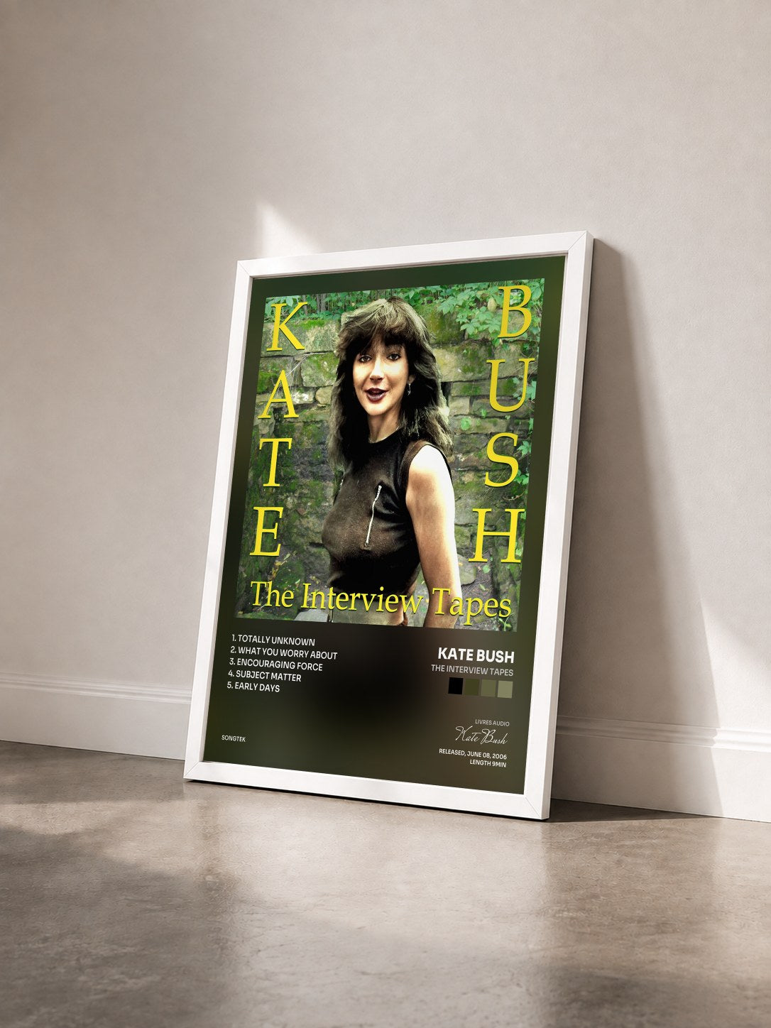 #blanc Tableau de l'album The Interview Tapes de Kate Bush vu de trois quarts, cadre blanc