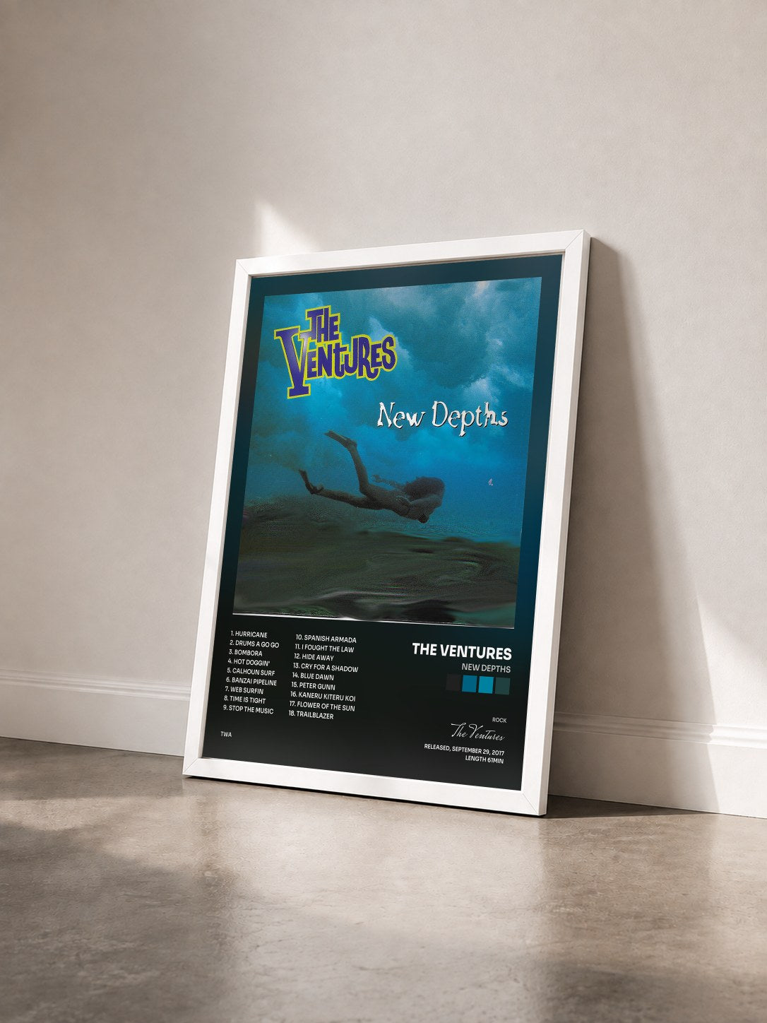 #blanc Tableau de l'album New Depths de The Ventures vu de trois quarts, cadre blanc