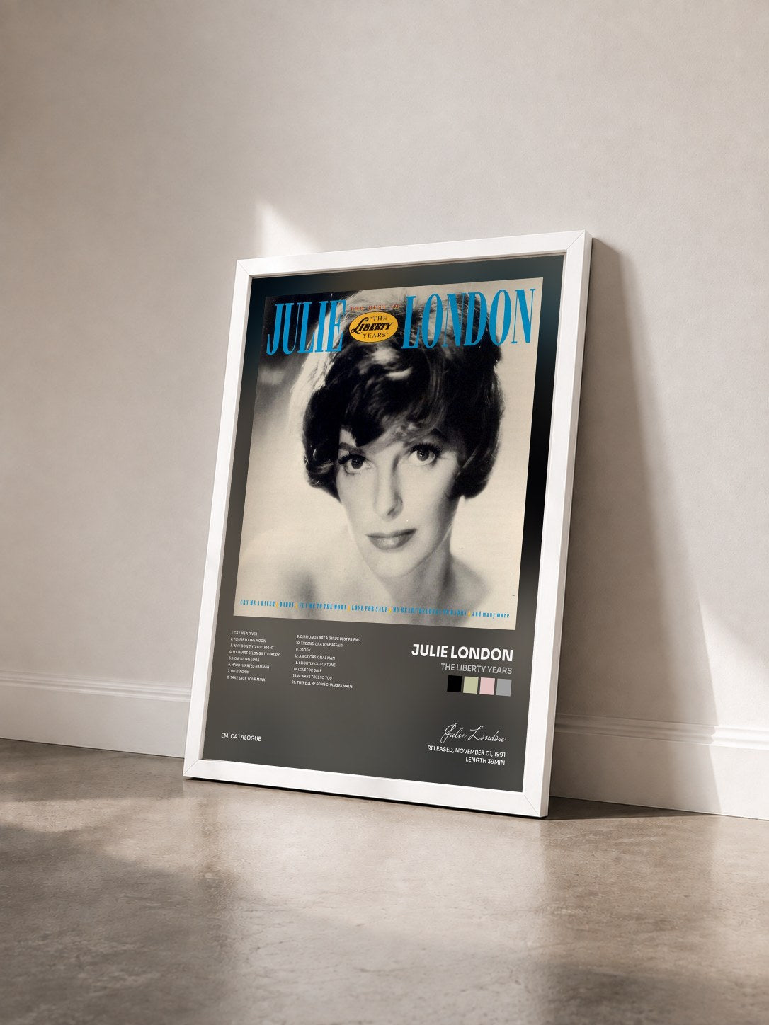 #blanc Tableau de l'album The Liberty Years de Julie London vu de trois quarts, cadre blanc