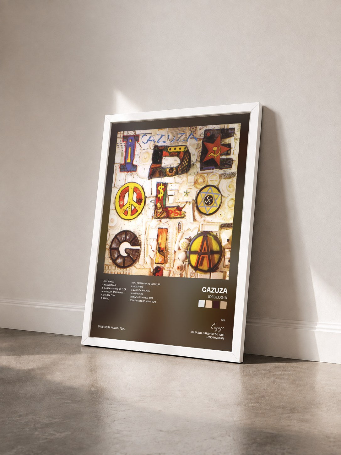 #blanc Tableau de l'album Ideologia de Cazuza vu de trois quarts, cadre blanc