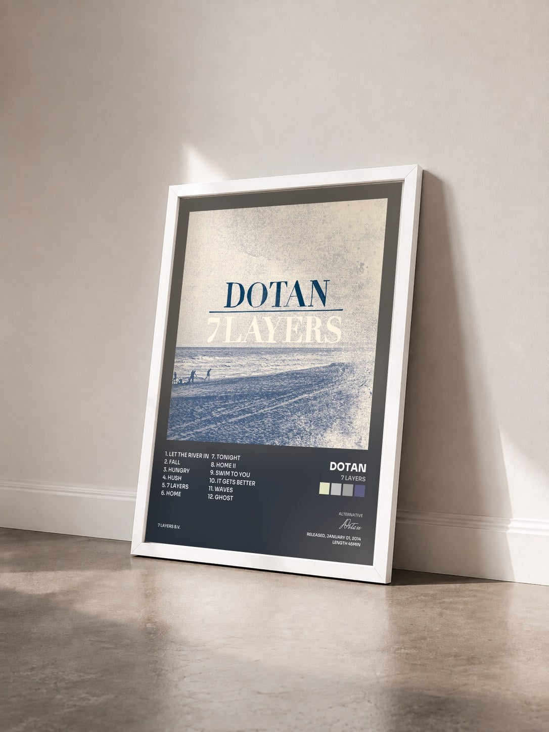 #blanc Tableau de l'album 7 Layers de Dotan vu de trois quarts, cadre blanc