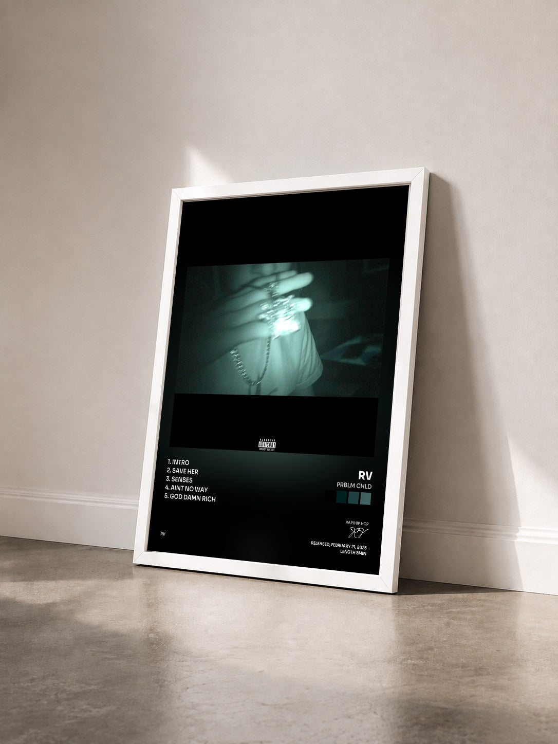 #blanc Tableau de l'album PRBLM CHLD de RV vu de trois quarts, cadre blanc