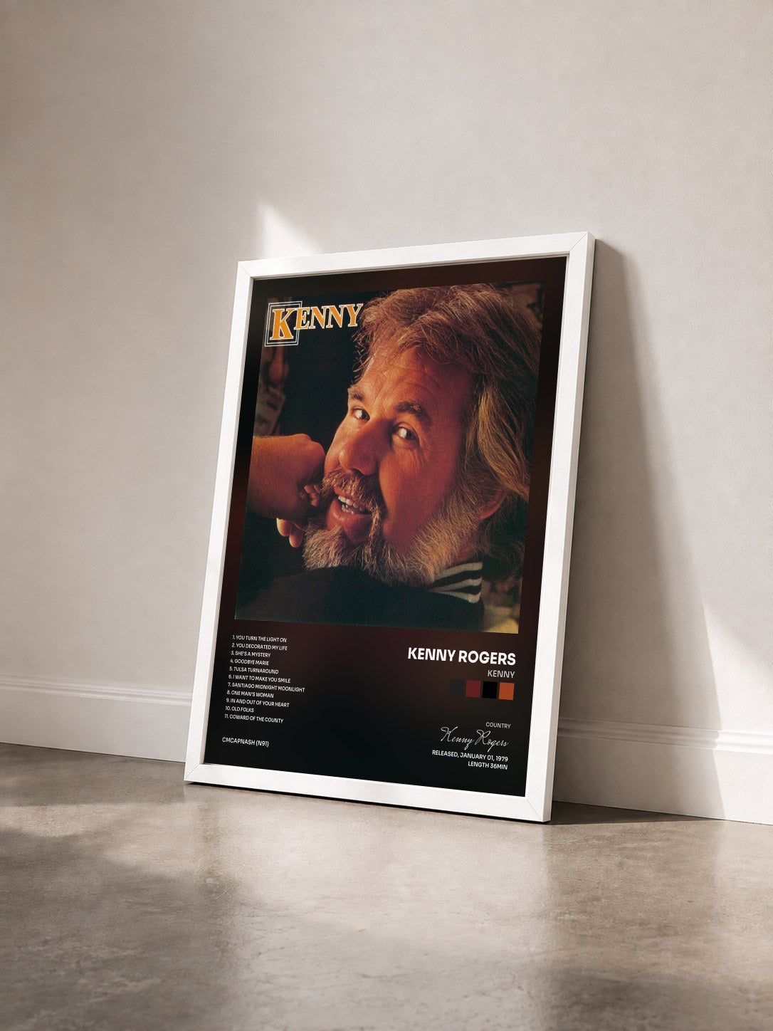 #blanc Tableau de l'album Kenny de Kenny Rogers vu de trois quarts, cadre blanc