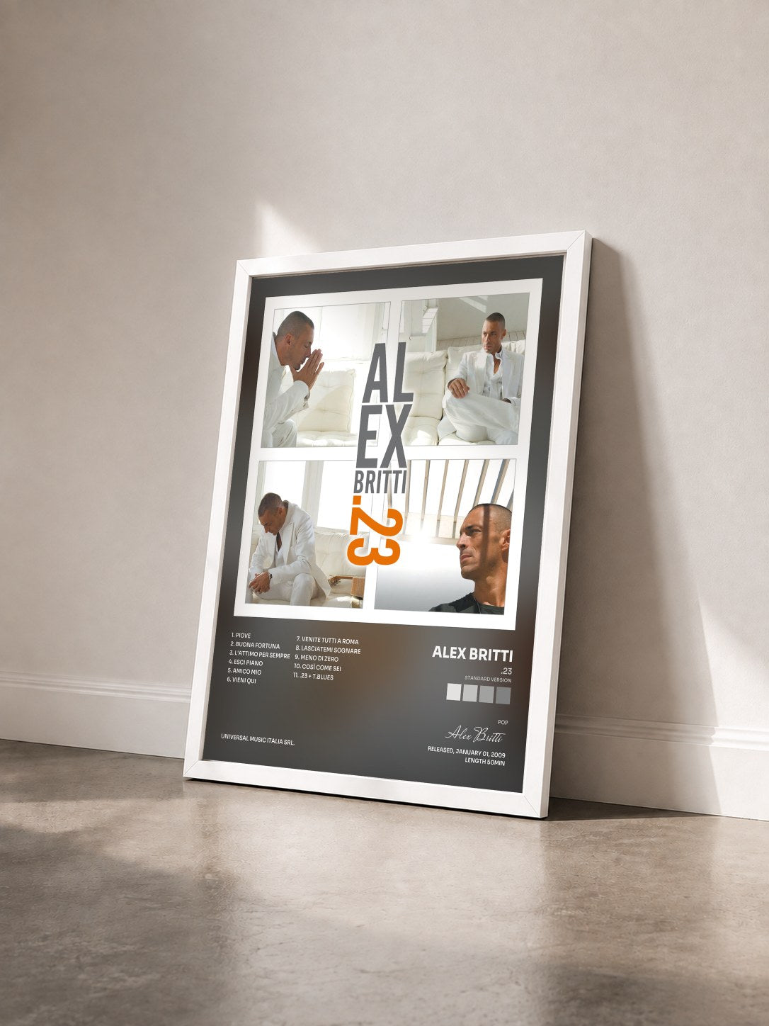 #blanc Tableau de l'album .23 (Standard Version) de Alex Britti vu de trois quarts, cadre blanc