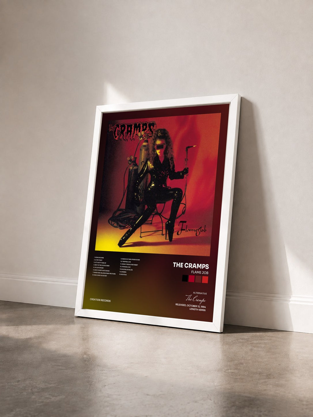 #blanc Tableau de l'album Flame Job de The Cramps vu de trois quarts, cadre blanc