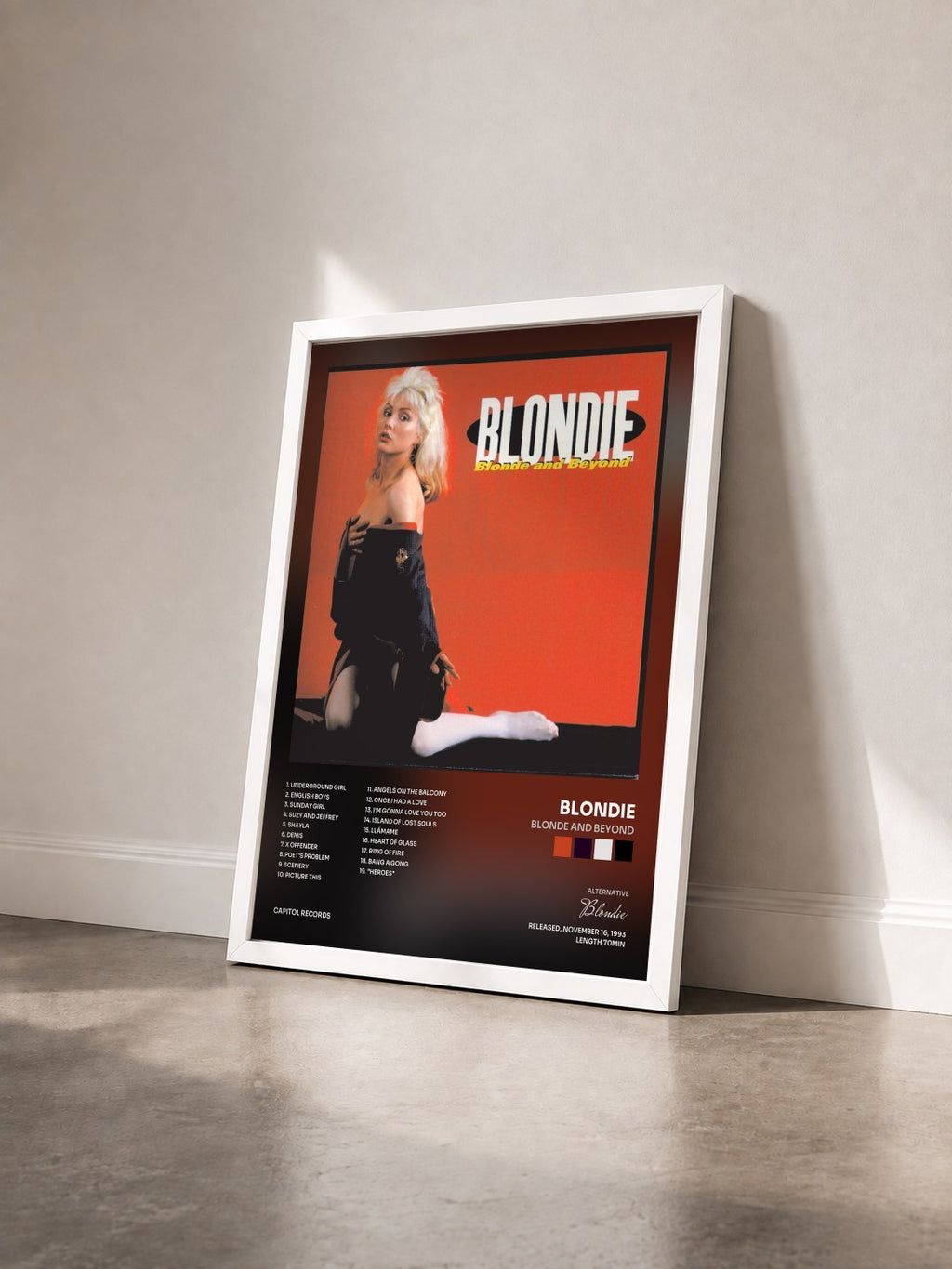 #blanc Tableau de l'album Blonde And Beyond de Blondie vu de trois quarts, cadre blanc