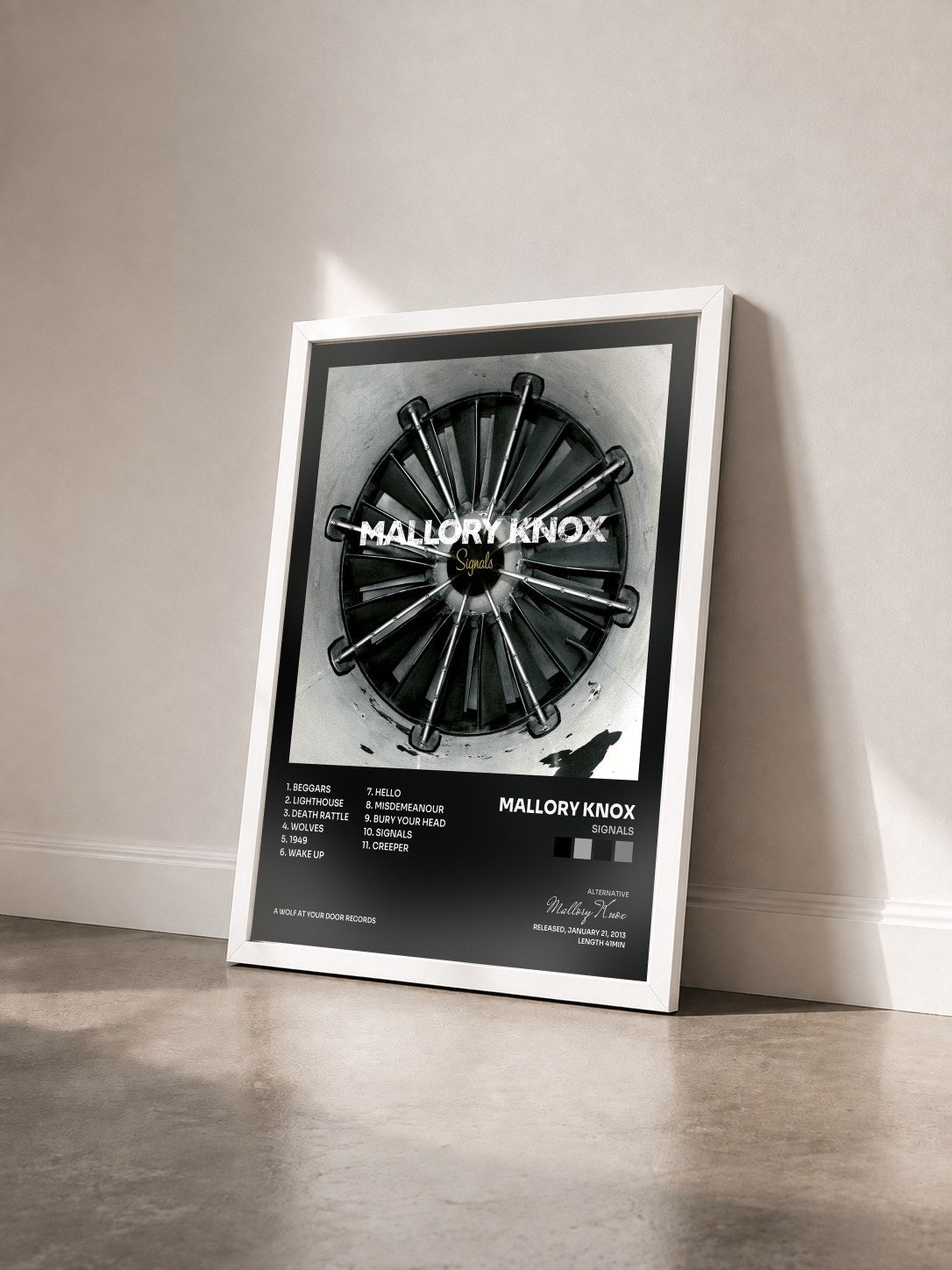 #blanc Tableau de l'album Signals de Mallory Knox vu de trois quarts, cadre blanc