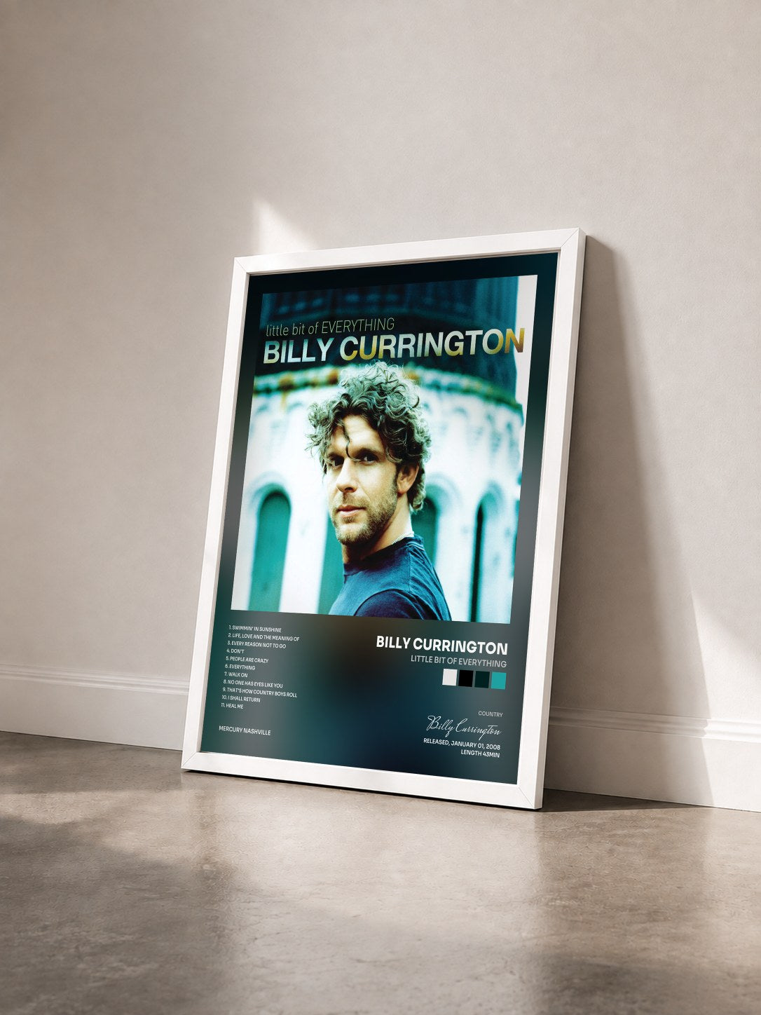 #blanc Tableau de l'album Little Bit Of Everything de Billy Currington vu de trois quarts, cadre blanc