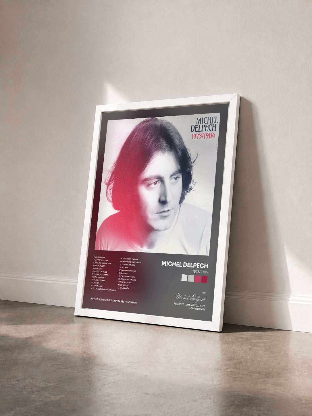 #blanc Tableau de l'album 1973/1984 de Michel Delpech vu de trois quarts, cadre blanc