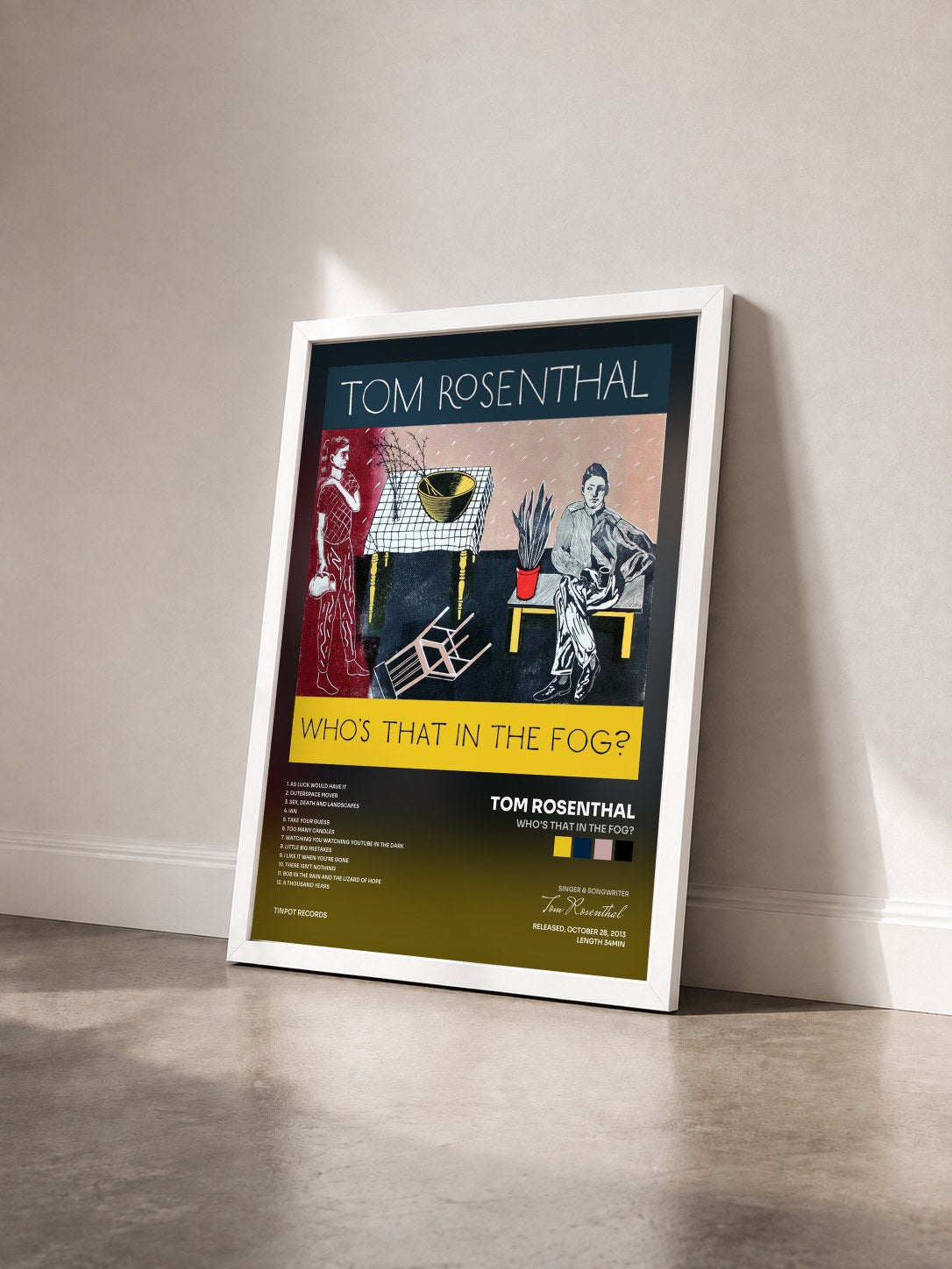 #blanc Tableau de l'album Who's That in the Fog? de Tom Rosenthal vu de trois quarts, cadre blanc