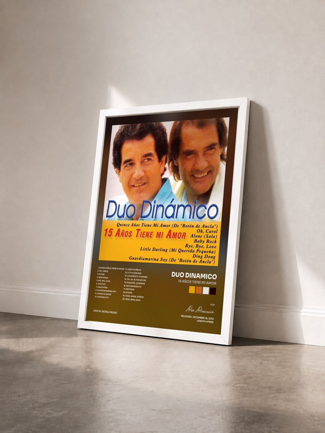 #blanc Tableau de l'album 15 Años Tiene mi Amor de Duo Dinamico vu de trois quarts, cadre blanc