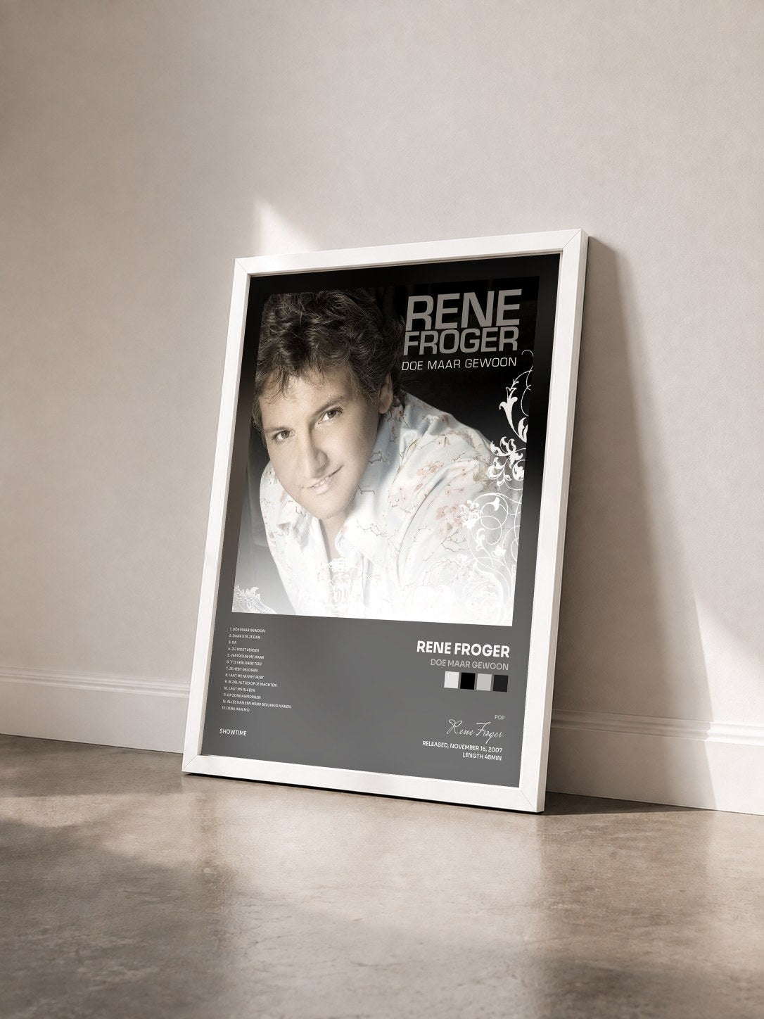 #blanc Tableau de l'album Doe Maar Gewoon de Rene Froger vu de trois quarts, cadre blanc