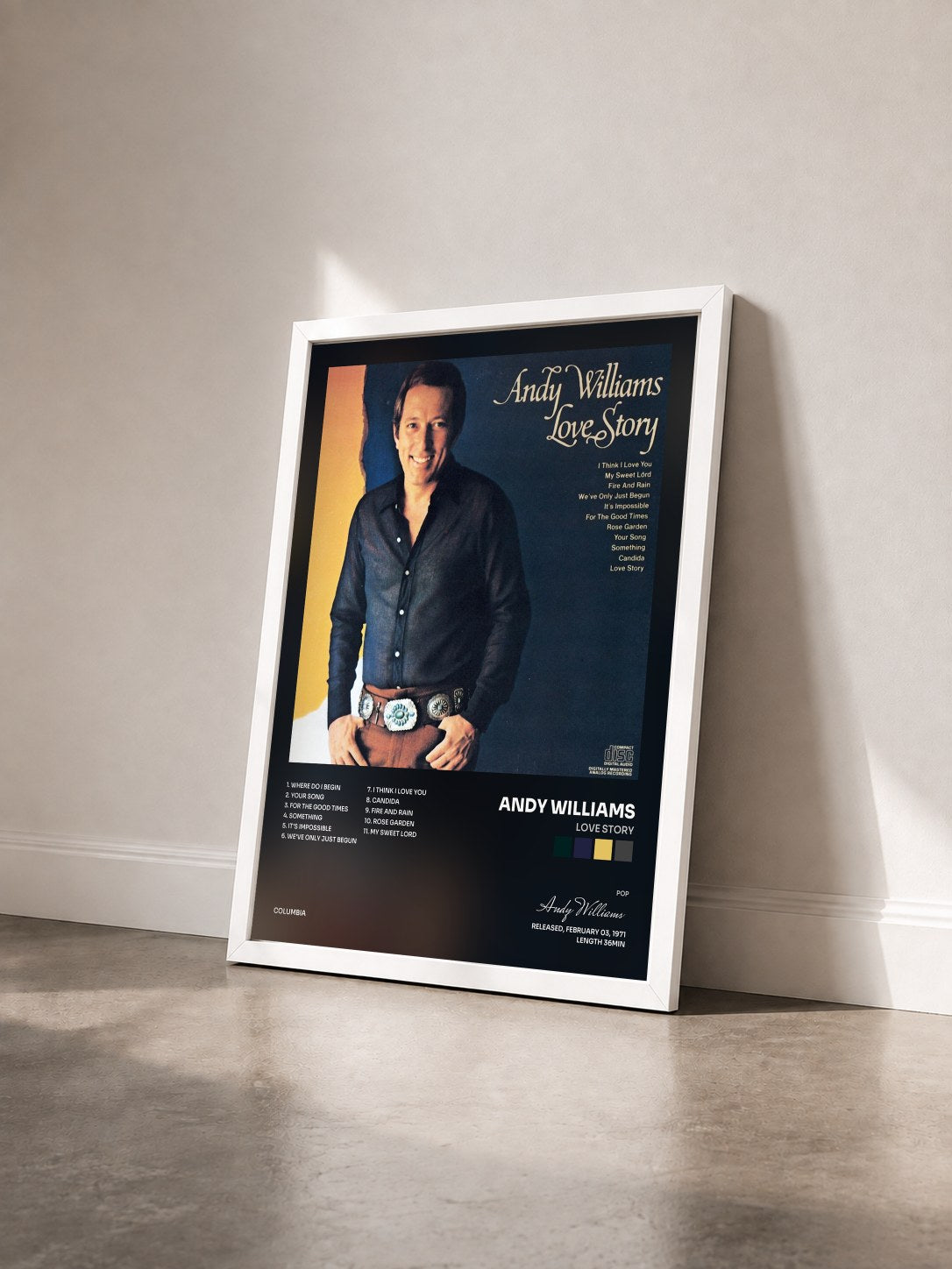 #blanc Tableau de l'album Love Story de Andy Williams vu de trois quarts, cadre blanc