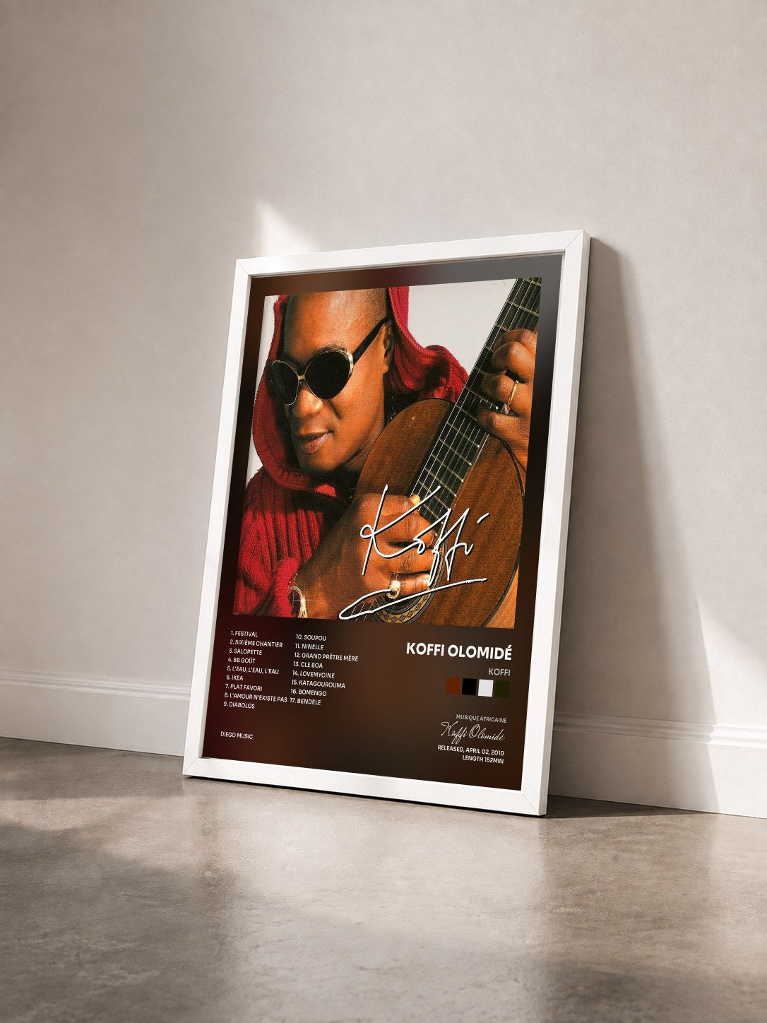#blanc Tableau de l'album Koffi de Koffi Olomidé vu de trois quarts, cadre blanc