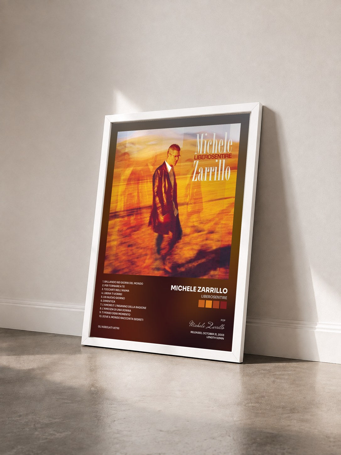 #blanc Tableau de l'album LiberoSentire de Michele Zarrillo vu de trois quarts, cadre blanc