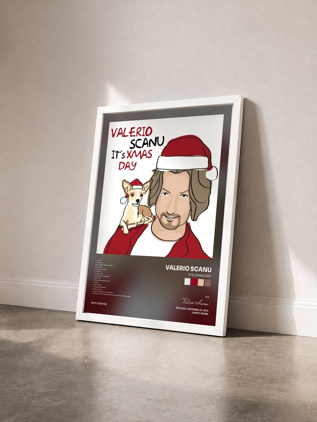 #blanc Tableau de l'album It's Xmas Day de Valerio Scanu vu de trois quarts, cadre blanc