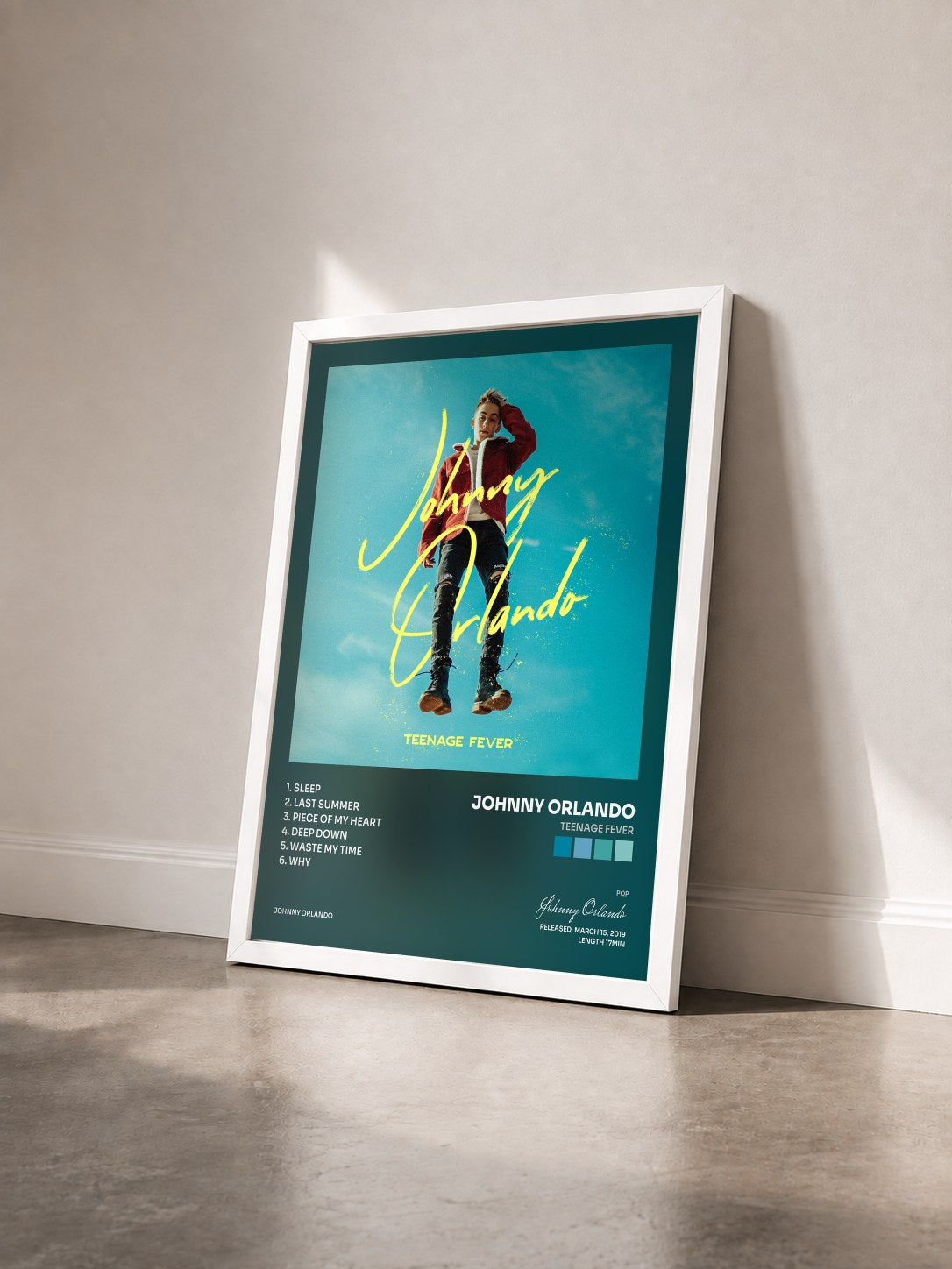 #blanc Tableau de l'album Teenage Fever de Johnny Orlando vu de trois quarts, cadre blanc