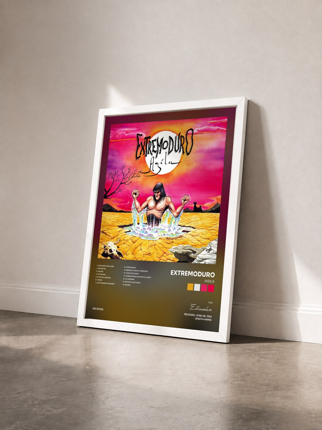 #blanc Tableau de l'album Agila de Extremoduro vu de trois quarts, cadre blanc
