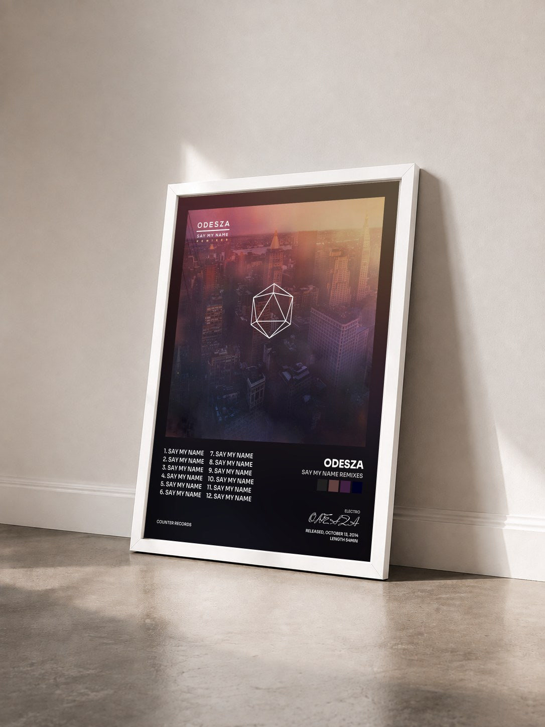 #blanc Tableau de l'album Say My Name Remixes de ODESZA vu de trois quarts, cadre blanc