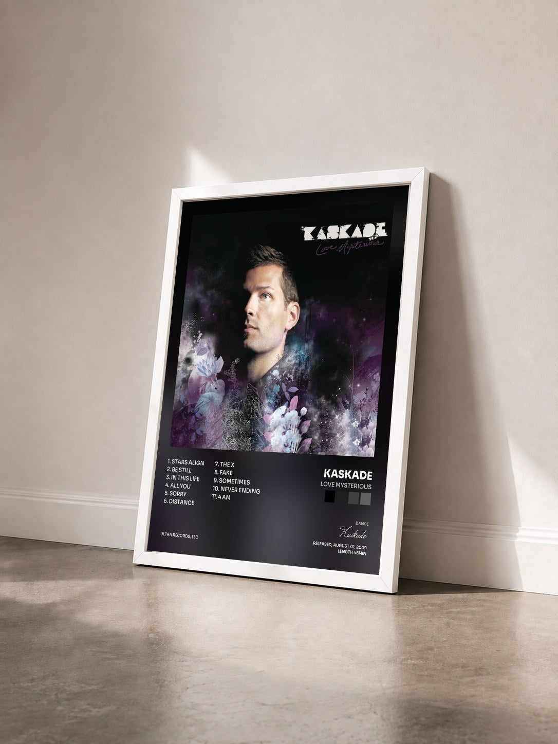 #blanc Tableau de l'album Love Mysterious de Kaskade vu de trois quarts, cadre blanc