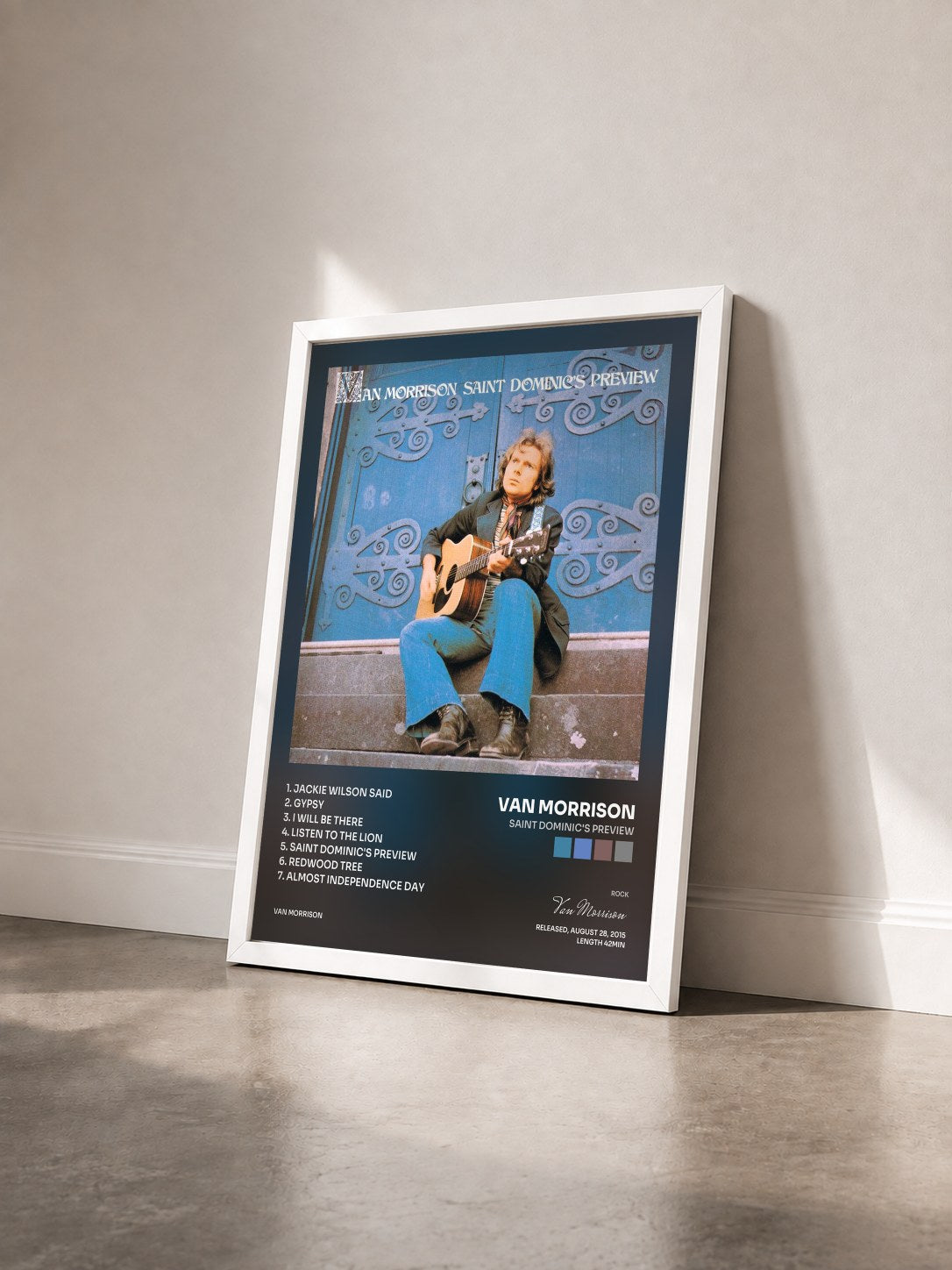 #blanc Tableau de l'album Saint Dominic's Preview de Van Morrison vu de trois quarts, cadre blanc