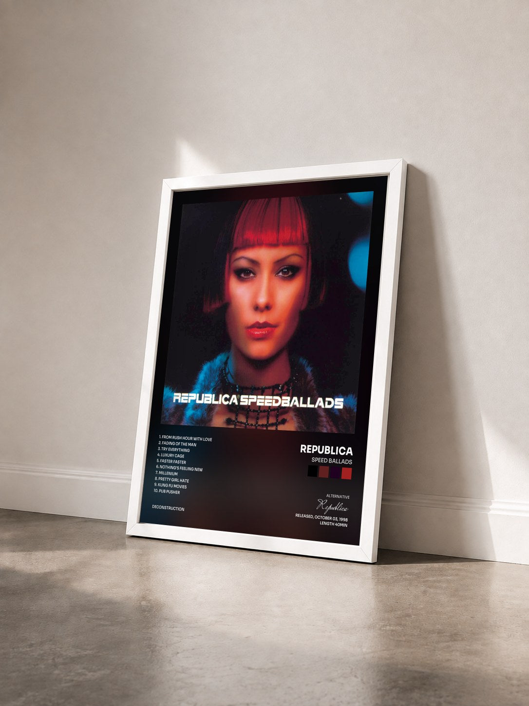 #blanc Tableau de l'album Speed Ballads de Republica vu de trois quarts, cadre blanc