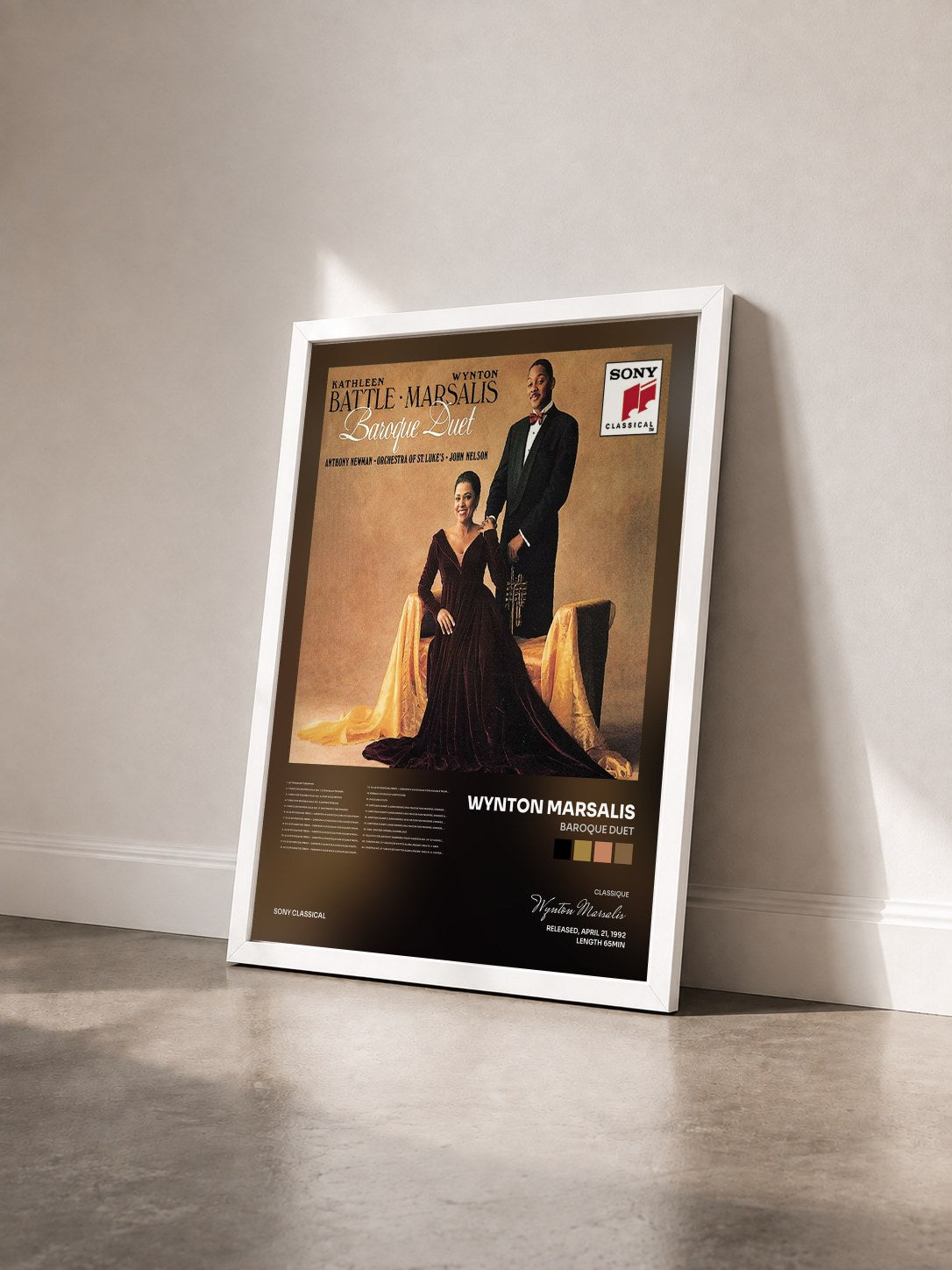 #blanc Tableau de l'album Baroque Duet de Wynton Marsalis vu de trois quarts, cadre blanc