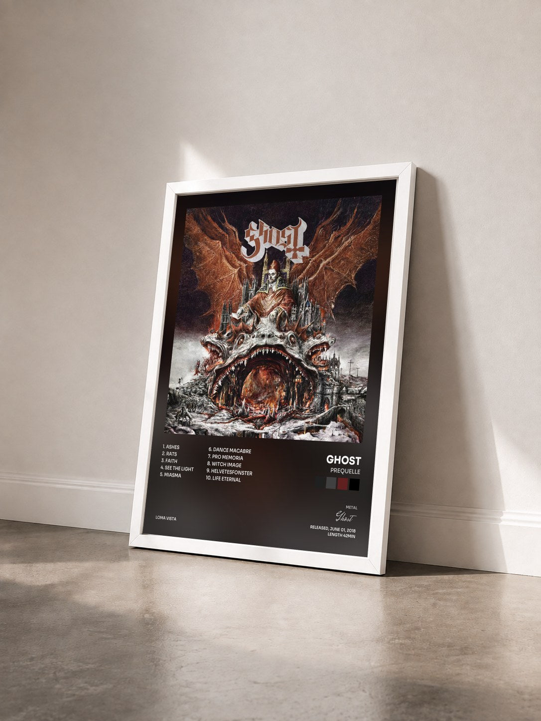 #blanc Tableau de l'album Prequelle de Ghost vu de trois quarts, cadre blanc