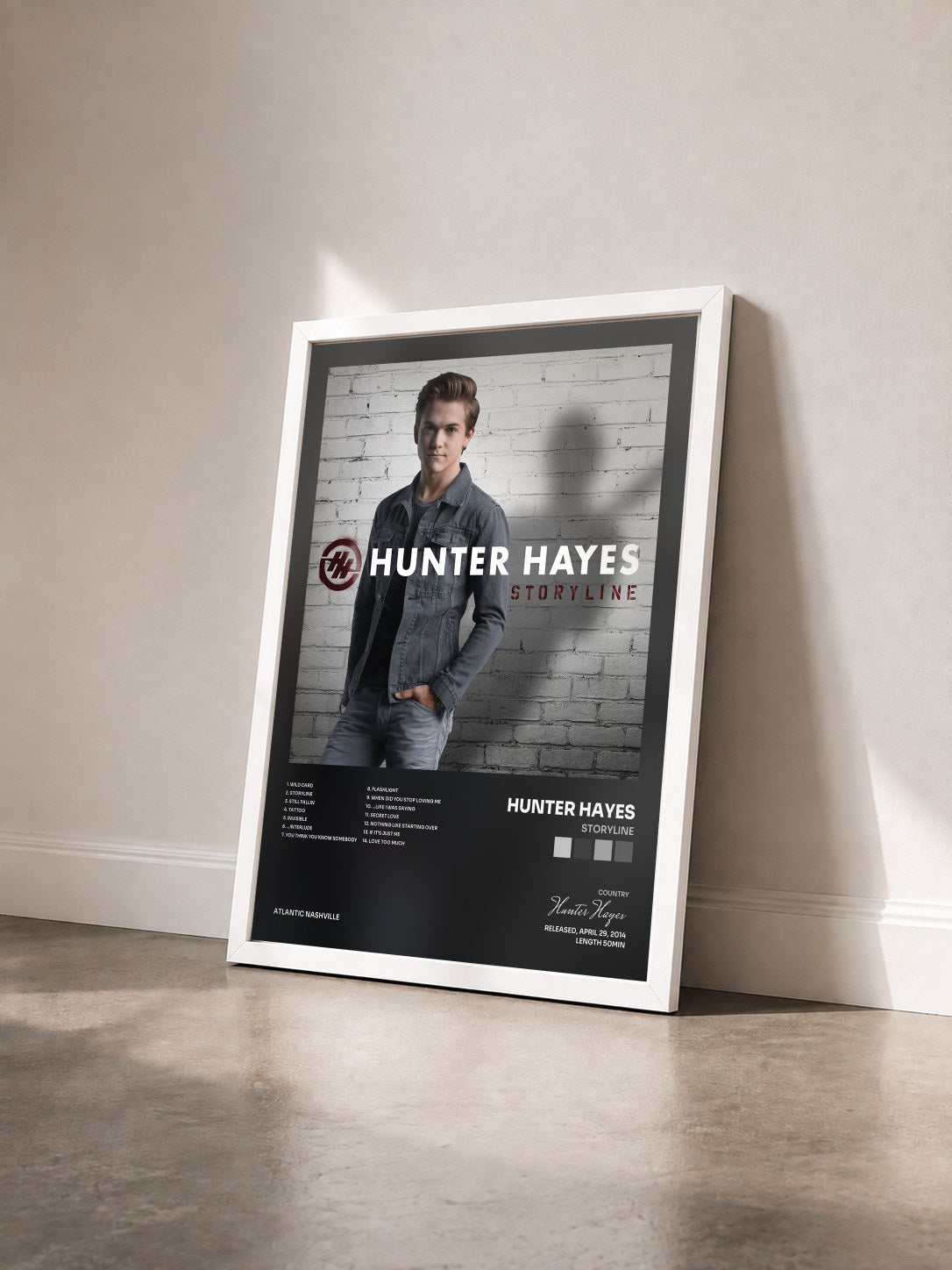 #blanc Tableau de l'album Storyline de Hunter Hayes vu de trois quarts, cadre blanc