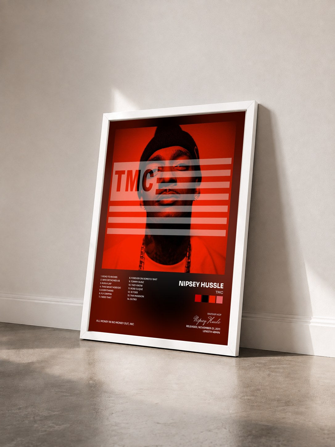 #blanc Tableau de l'album TMC de Nipsey Hussle vu de trois quarts, cadre blanc
