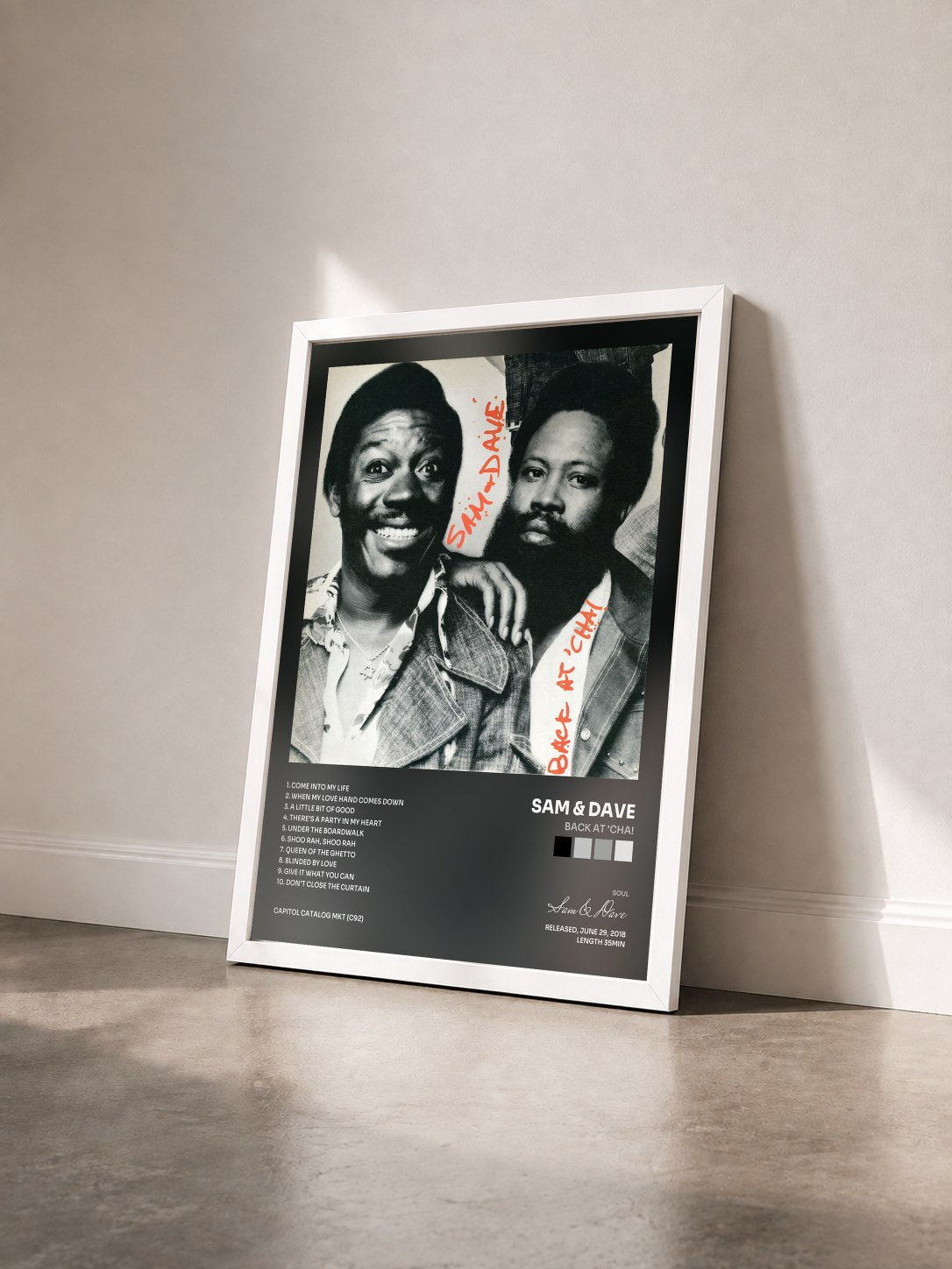 #blanc Tableau de l'album Back At 'Cha! de Sam & Dave vu de trois quarts, cadre blanc