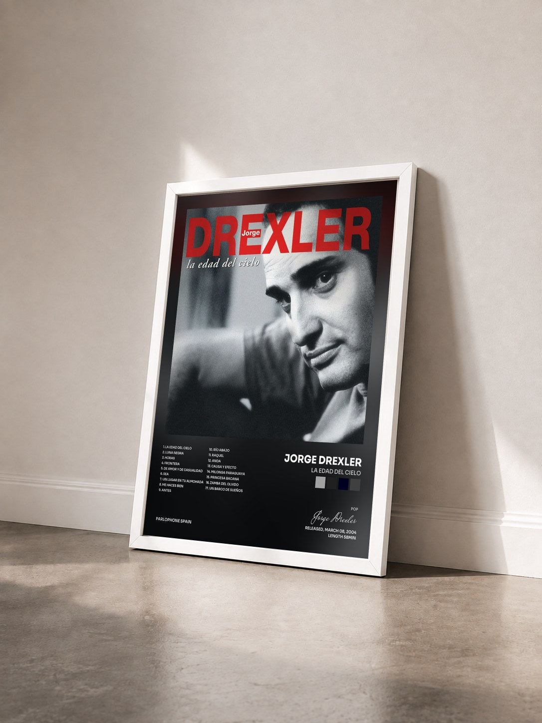 #blanc Tableau de l'album La Edad Del Cielo de Jorge Drexler vu de trois quarts, cadre blanc