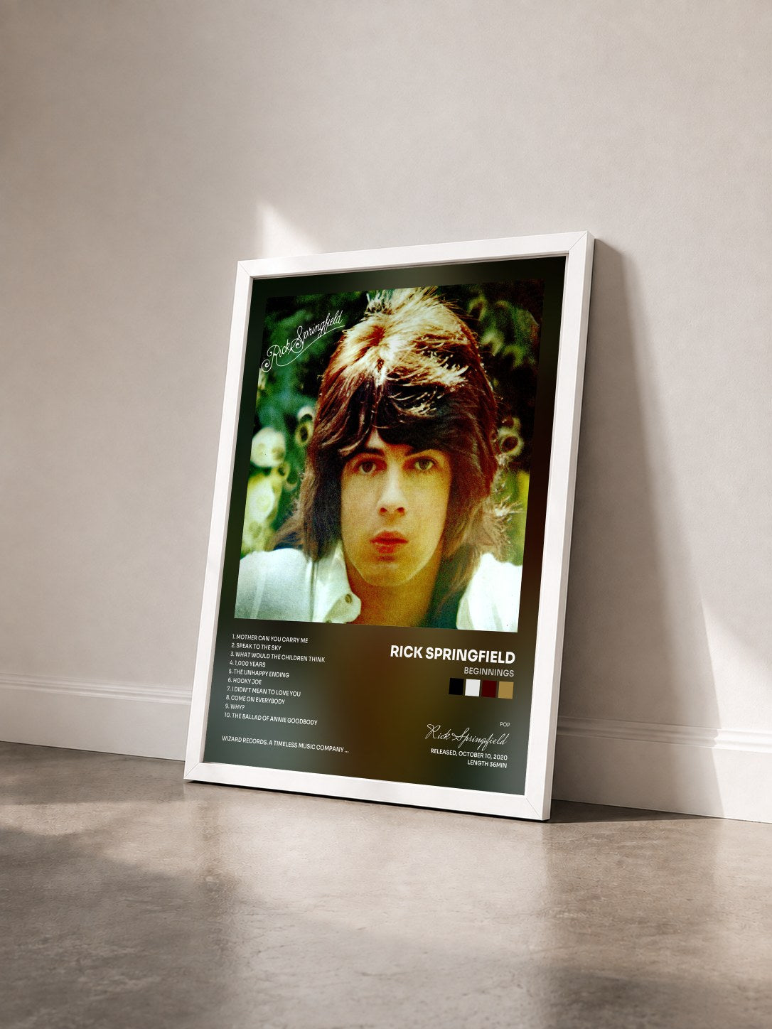 #blanc Tableau de l'album Beginnings de Rick Springfield vu de trois quarts, cadre blanc