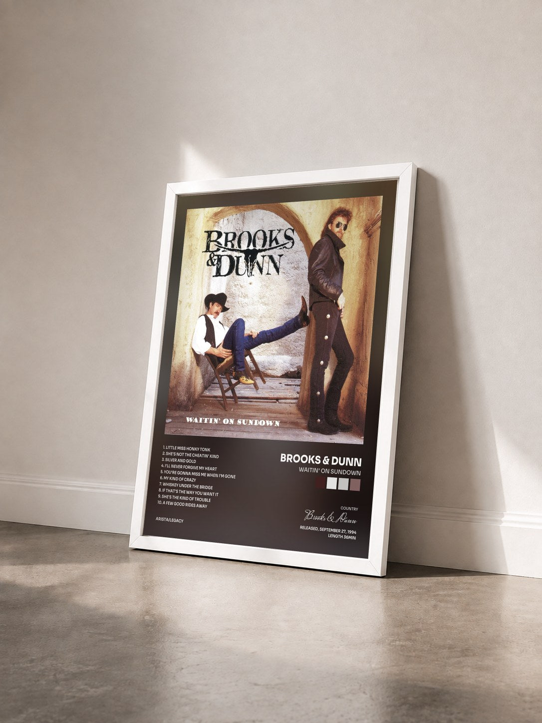 #blanc Tableau de l'album Waitin' On Sundown de Brooks & Dunn vu de trois quarts, cadre blanc