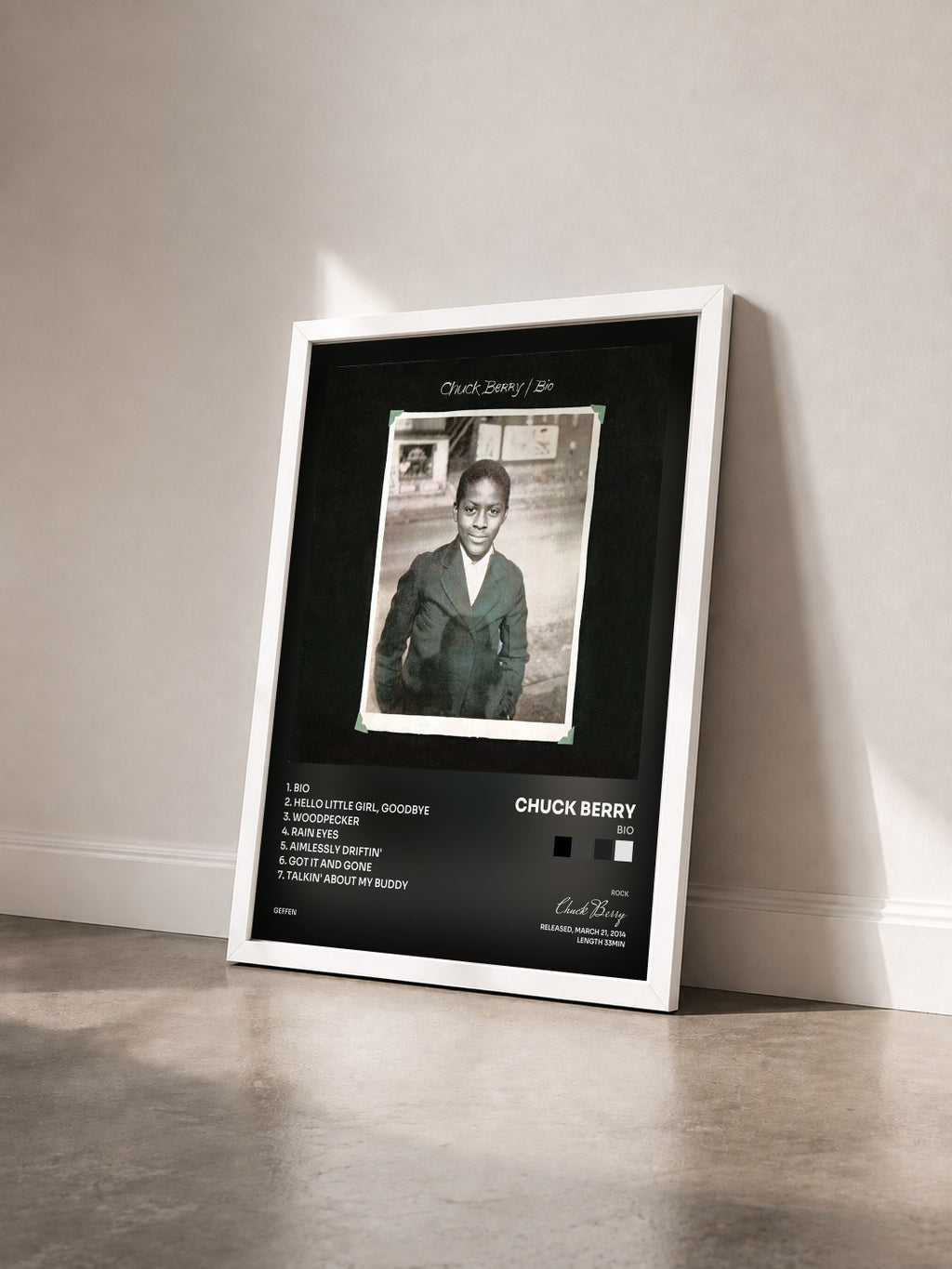 #blanc Tableau de l'album Bio de Chuck Berry vu de trois quarts, cadre blanc