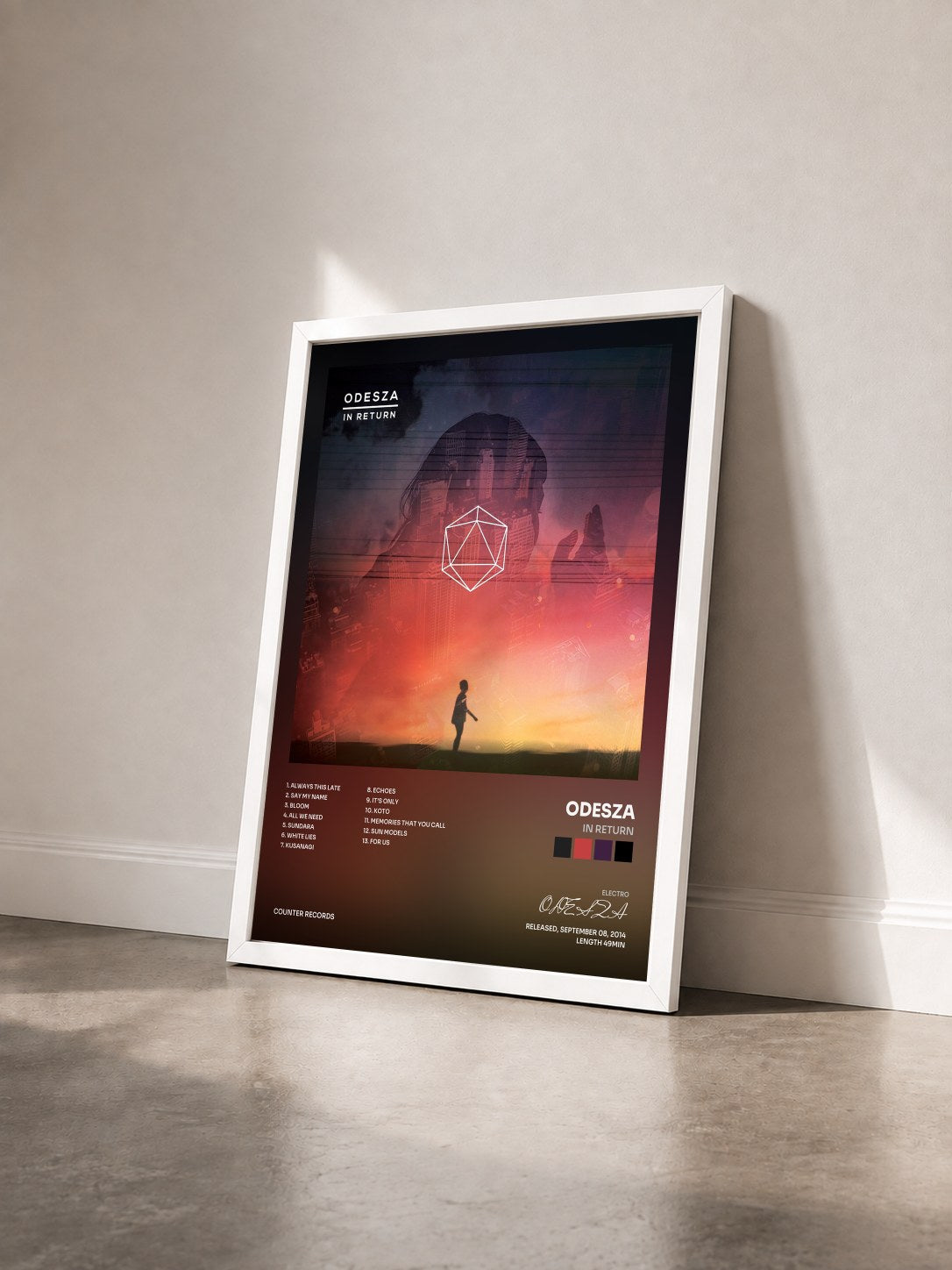 #blanc Tableau de l'album In Return de ODESZA vu de trois quarts, cadre blanc