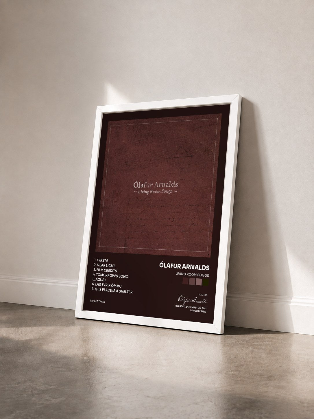 #blanc Tableau de l'album Living Room Songs de Ólafur Arnalds vu de trois quarts, cadre blanc