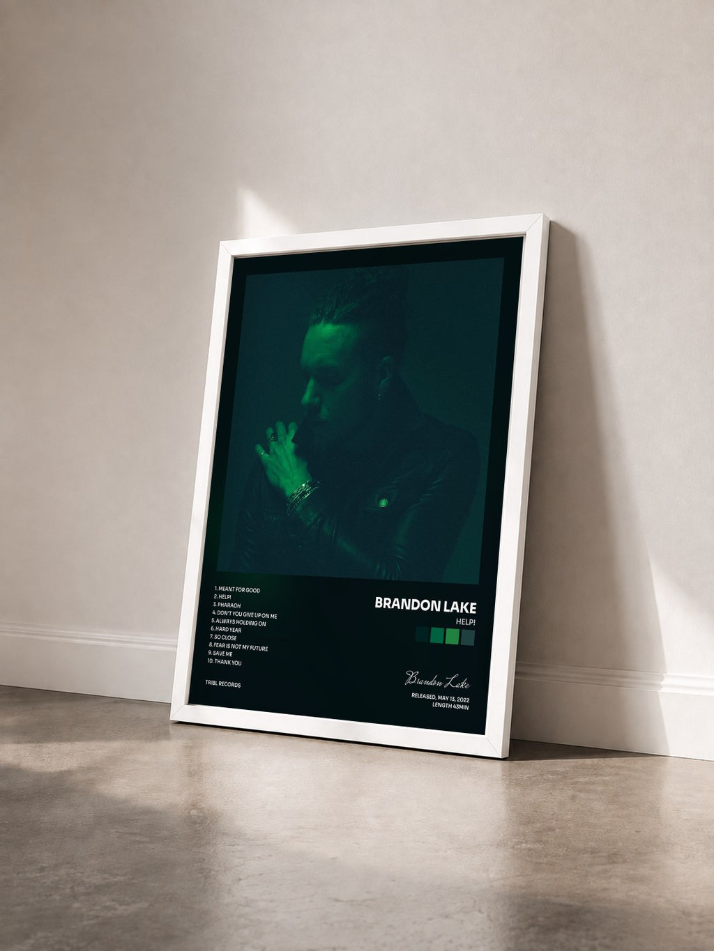 #blanc HELP! by Brandon Lake as a framed art print seen at an angle, white frame