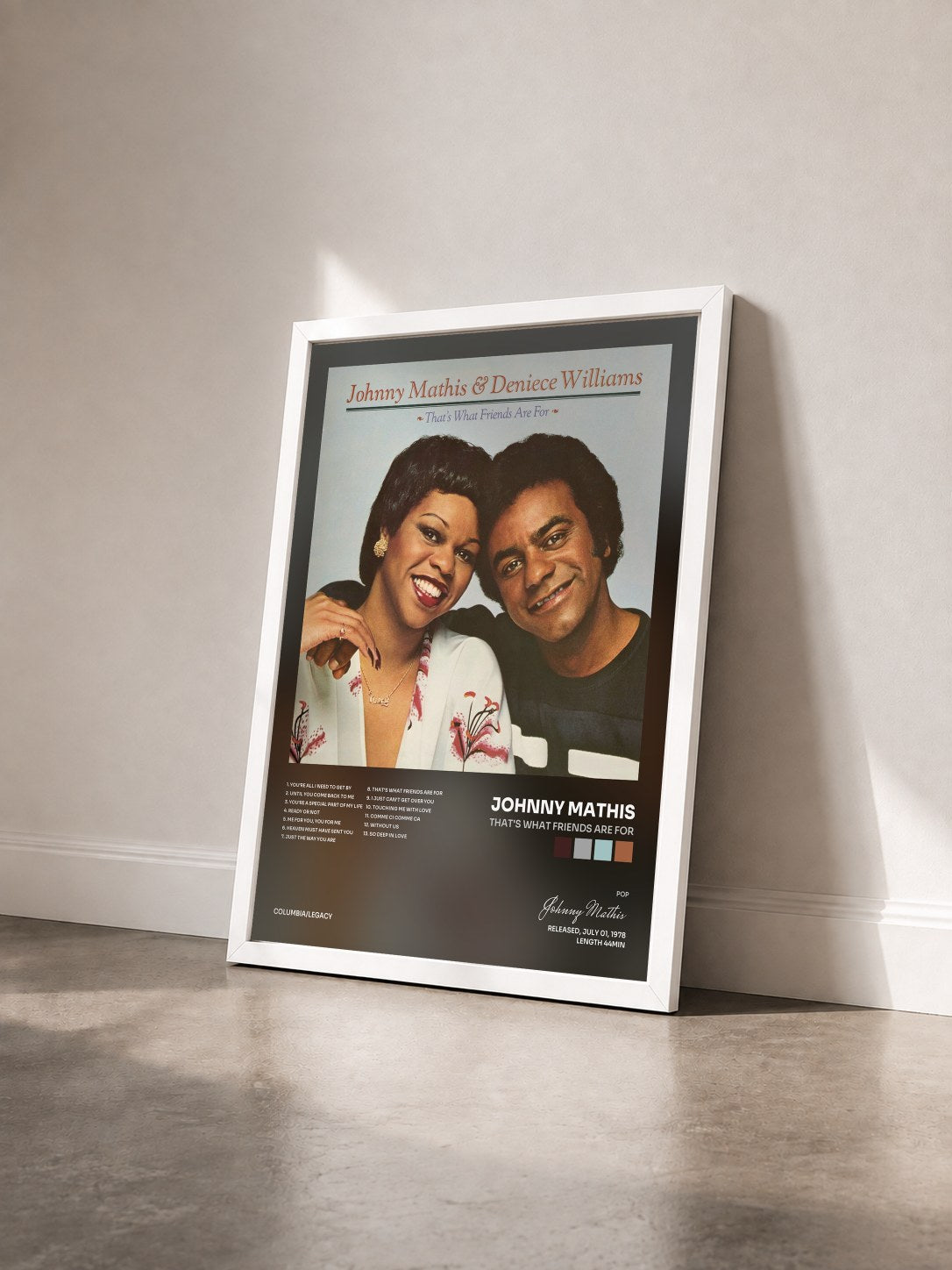 #blanc Tableau de l'album That's What Friends Are For de Johnny Mathis vu de trois quarts, cadre blanc