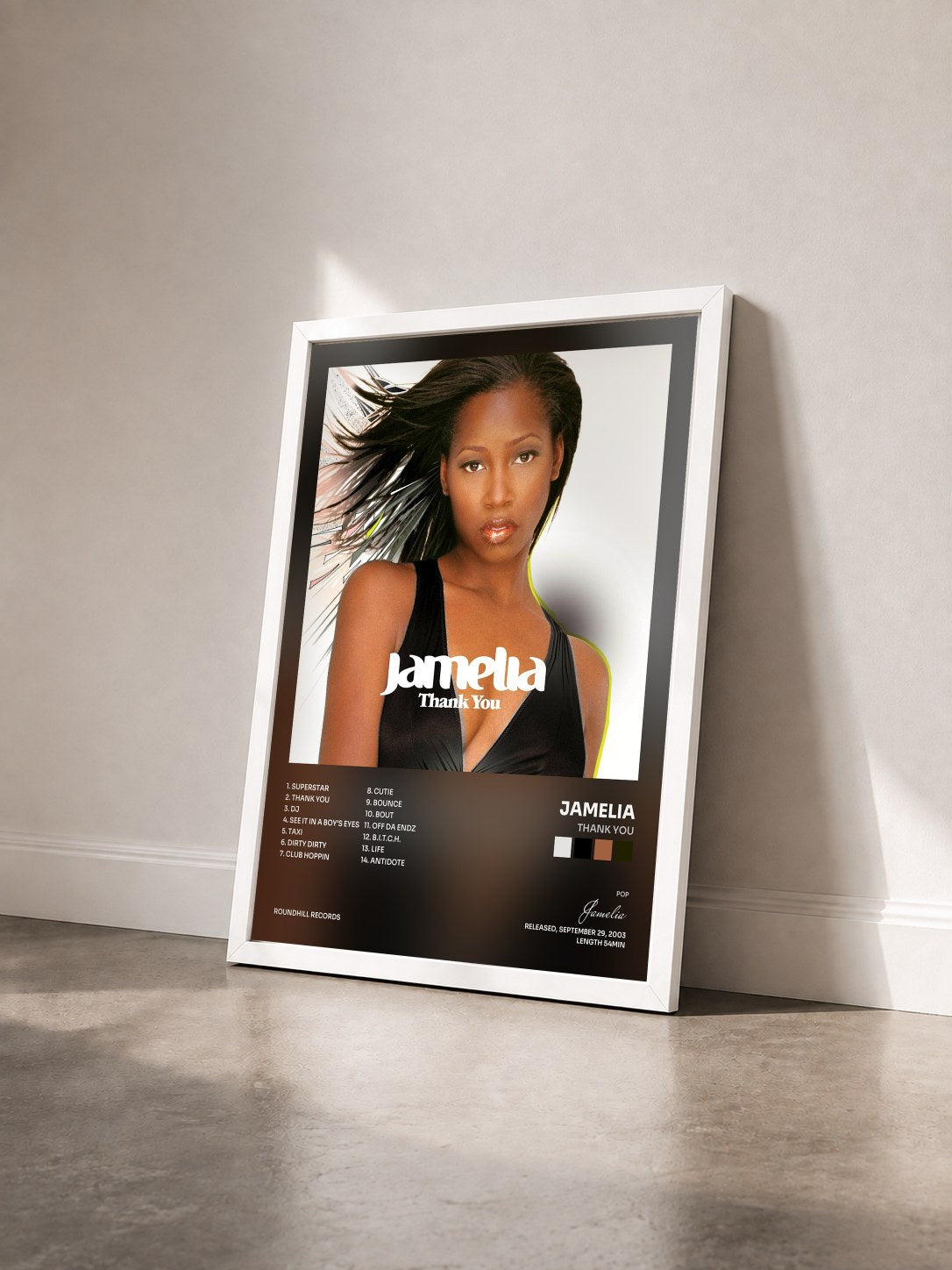 #blanc Tableau de l'album Thank You de Jamelia vu de trois quarts, cadre blanc