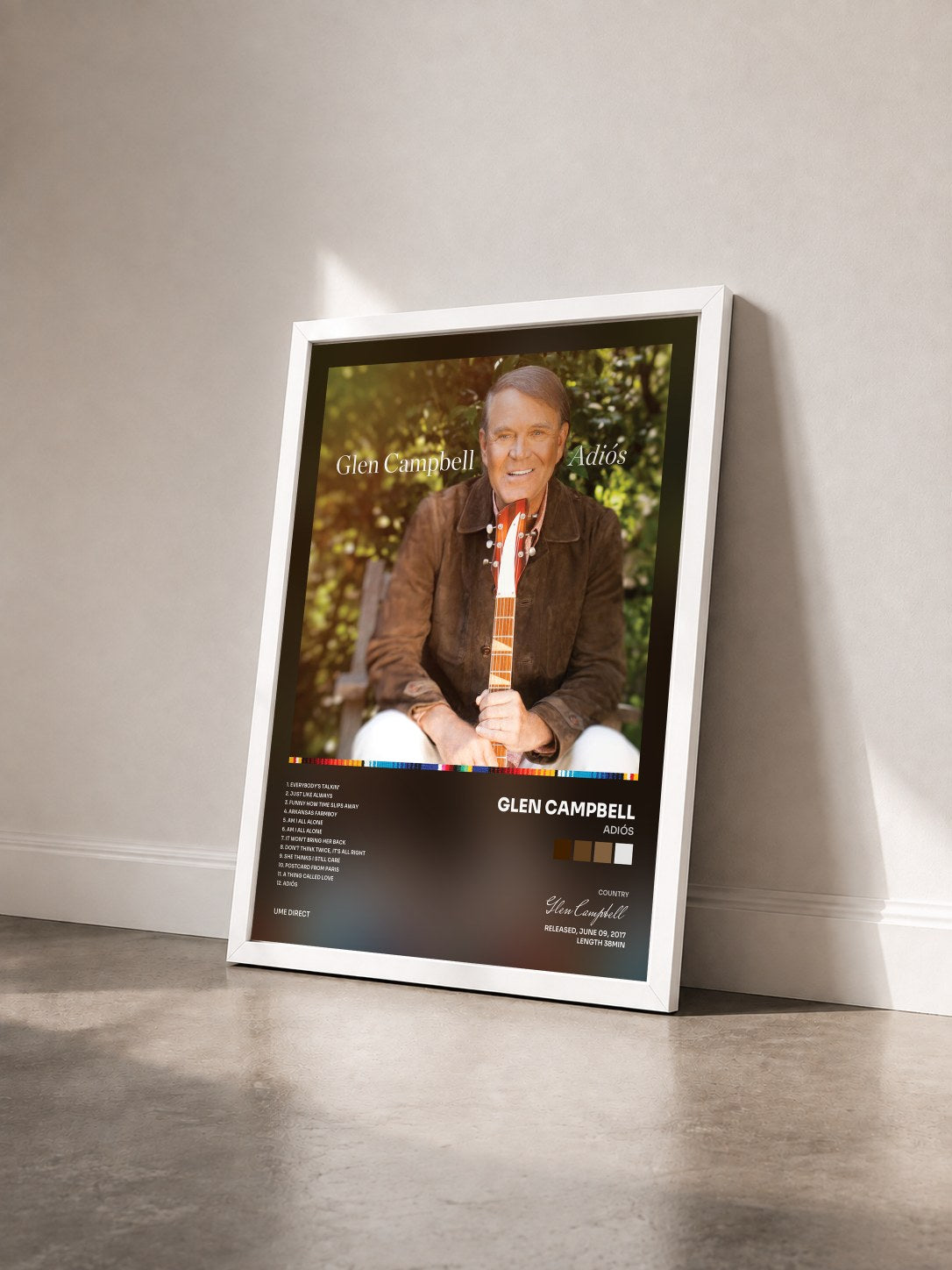 #blanc Tableau de l'album Adiós de Glen Campbell vu de trois quarts, cadre blanc