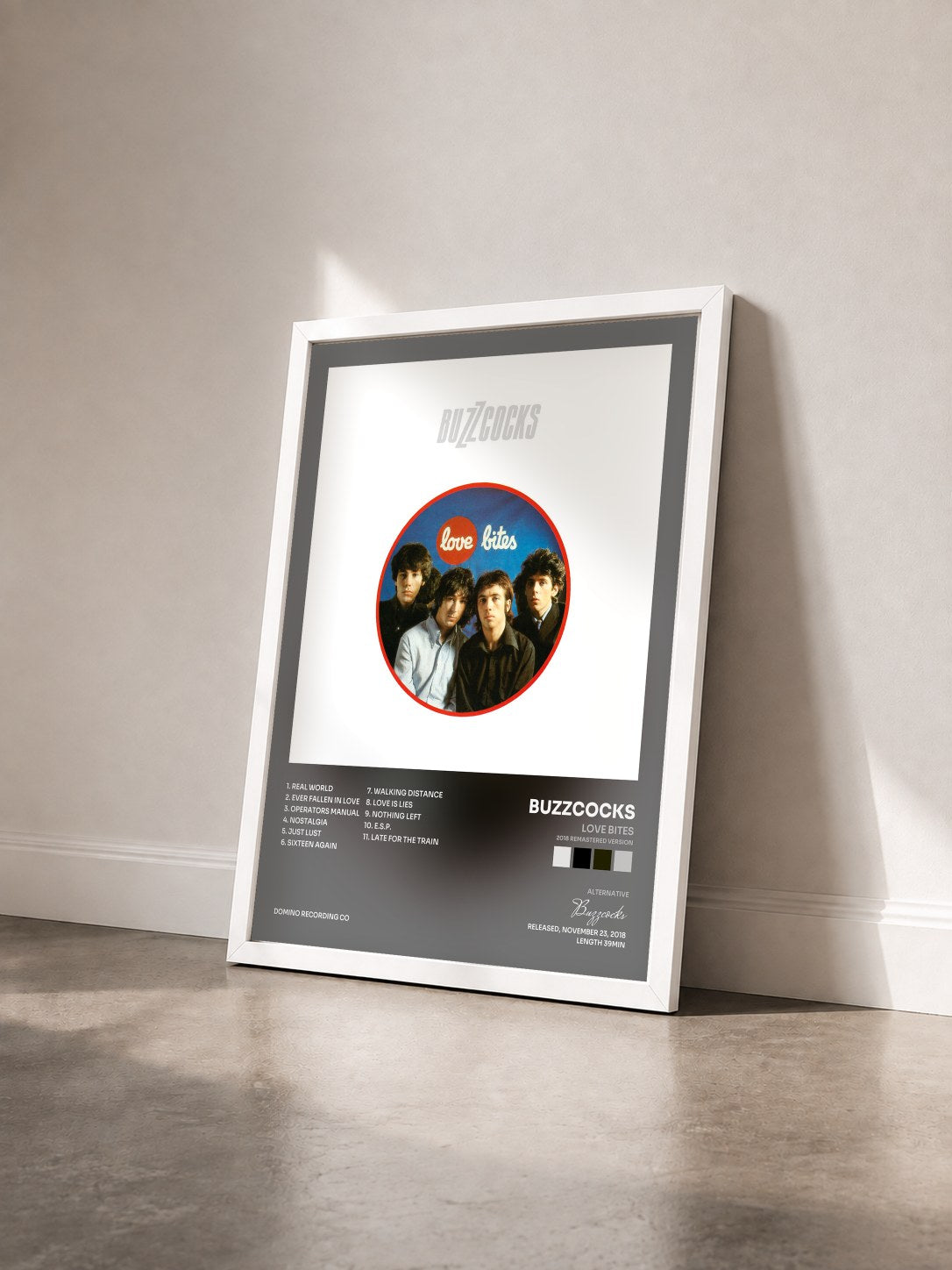 #blanc Tableau de l'album Love Bites (2018 Remastered Version) de Buzzcocks vu de trois quarts, cadre blanc