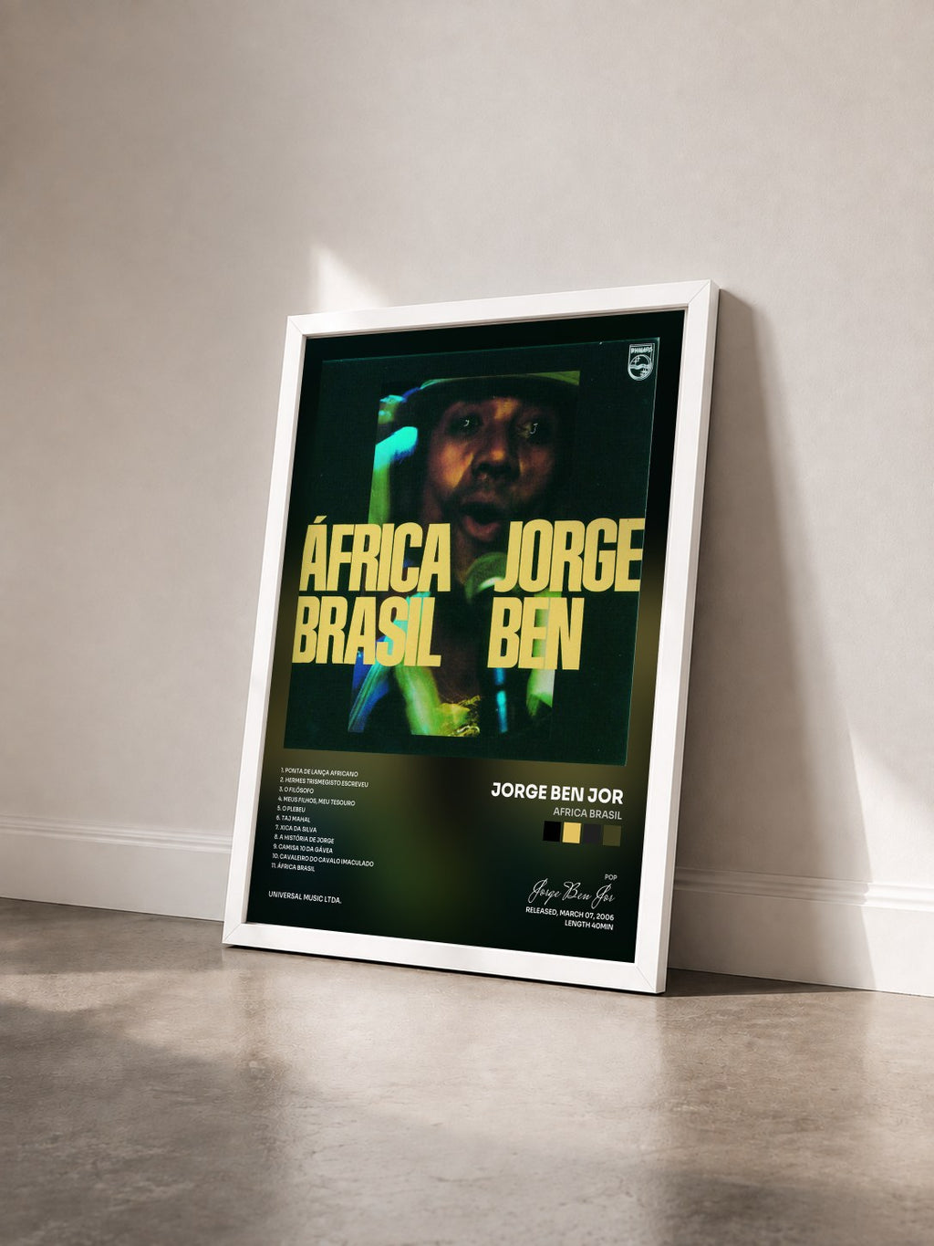 #blanc Tableau de l'album Africa Brasil de Jorge Ben Jor vu de trois quarts, cadre blanc