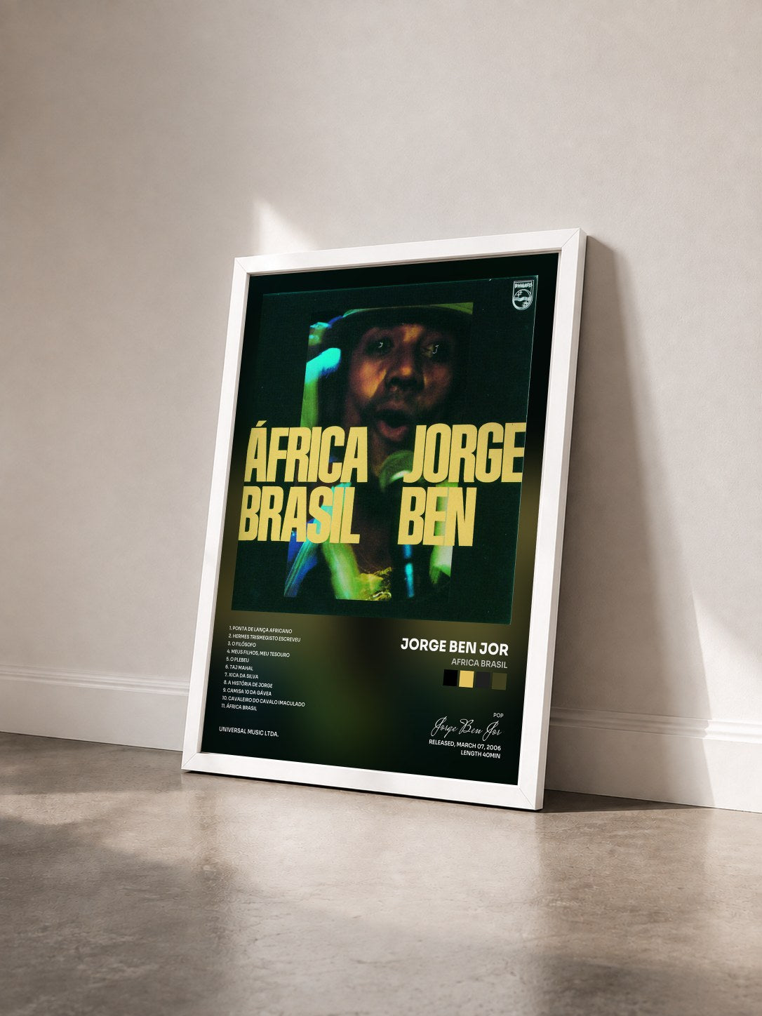 #blanc Tableau de l'album Africa Brasil de Jorge Ben Jor vu de trois quarts, cadre blanc