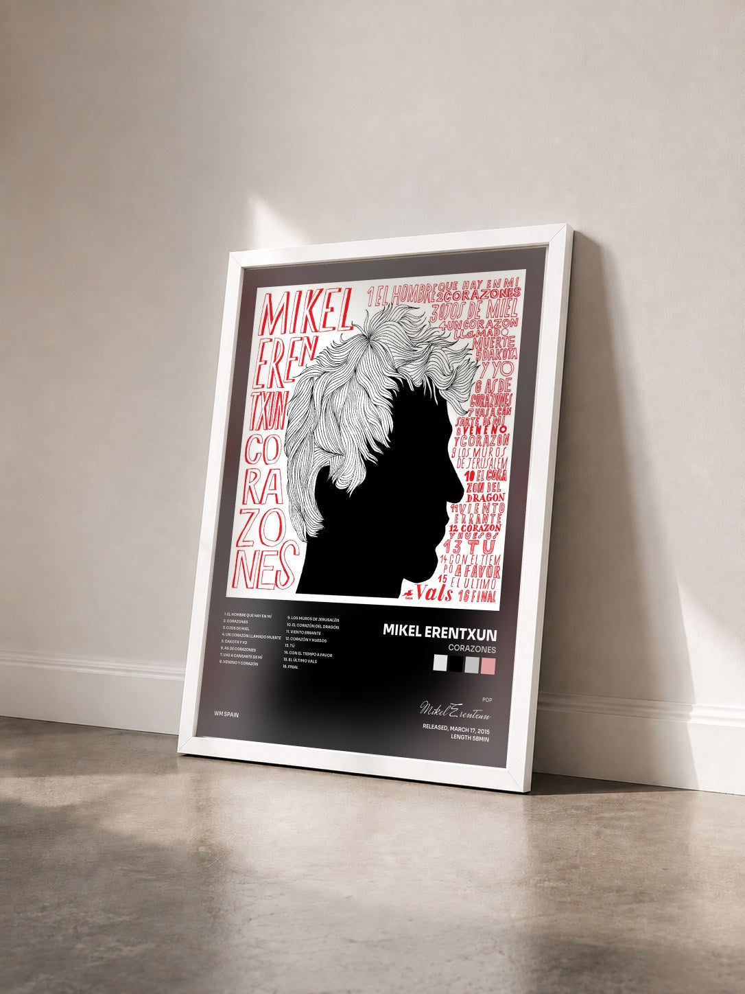 #blanc Tableau de l'album Corazones de Mikel Erentxun vu de trois quarts, cadre blanc
