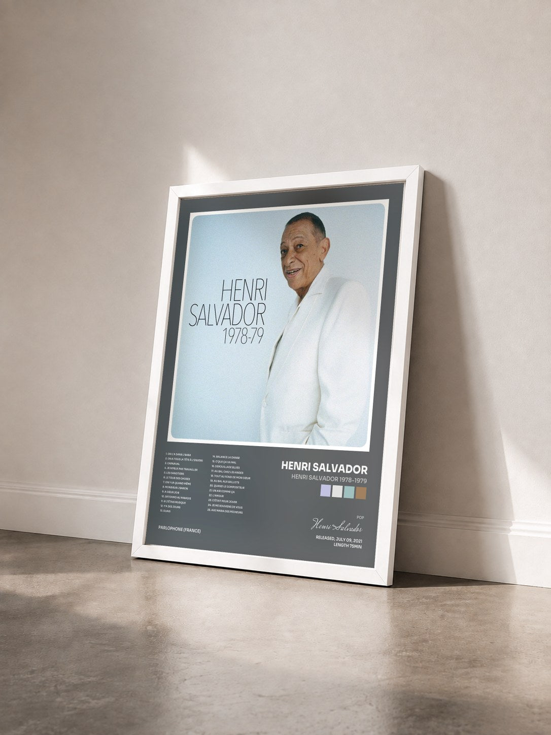 #blanc Tableau de l'album Henri Salvador 1978-1979 de Henri Salvador vu de trois quarts, cadre blanc