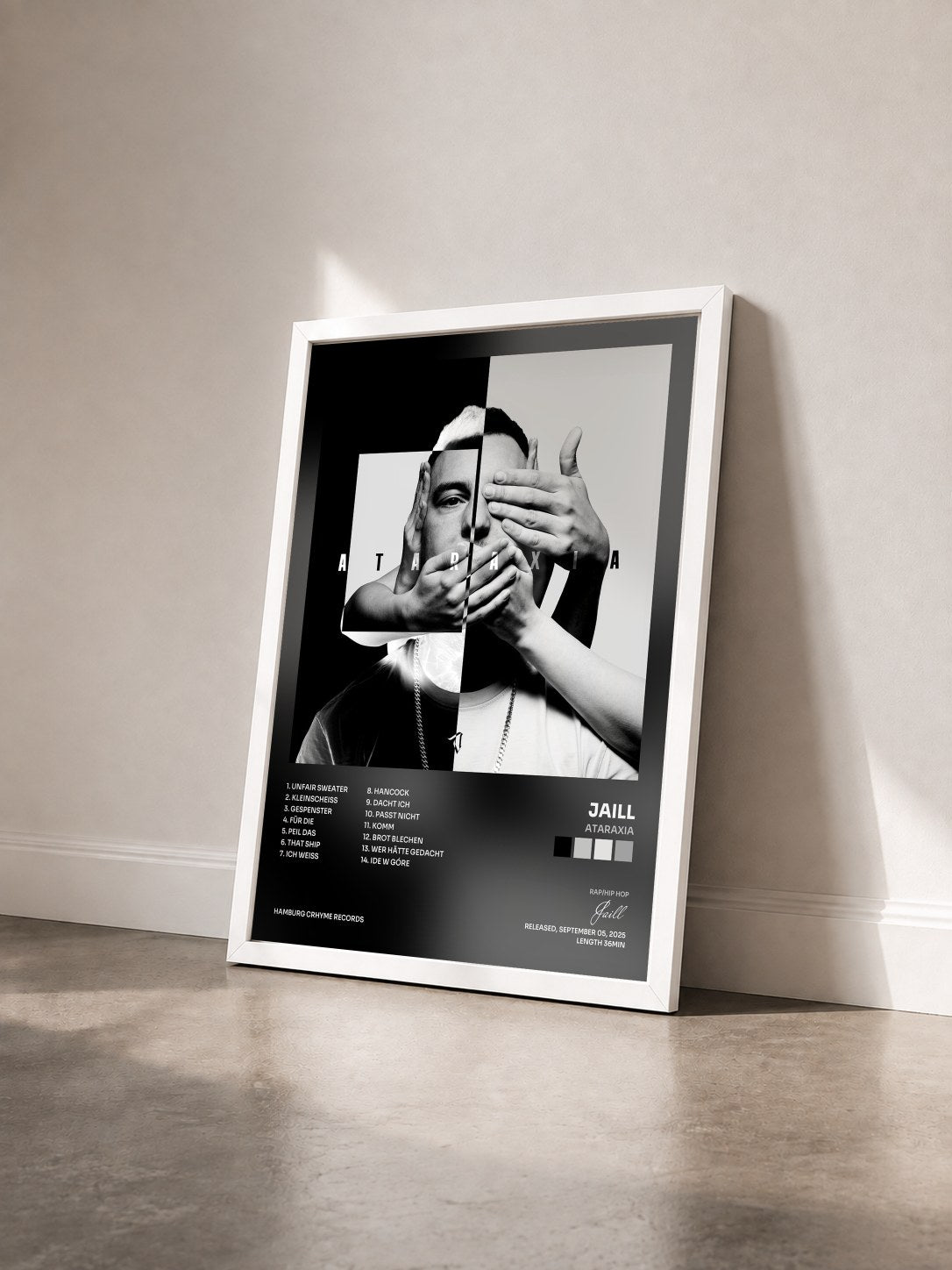 #blanc Tableau de l'album Ataraxia de Jaill vu de trois quarts, cadre blanc