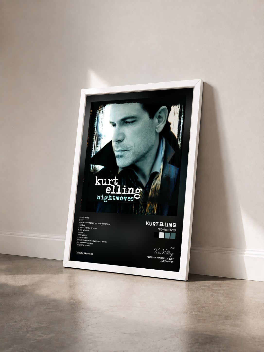 #blanc Tableau de l'album Nightmoves de Kurt Elling vu de trois quarts, cadre blanc